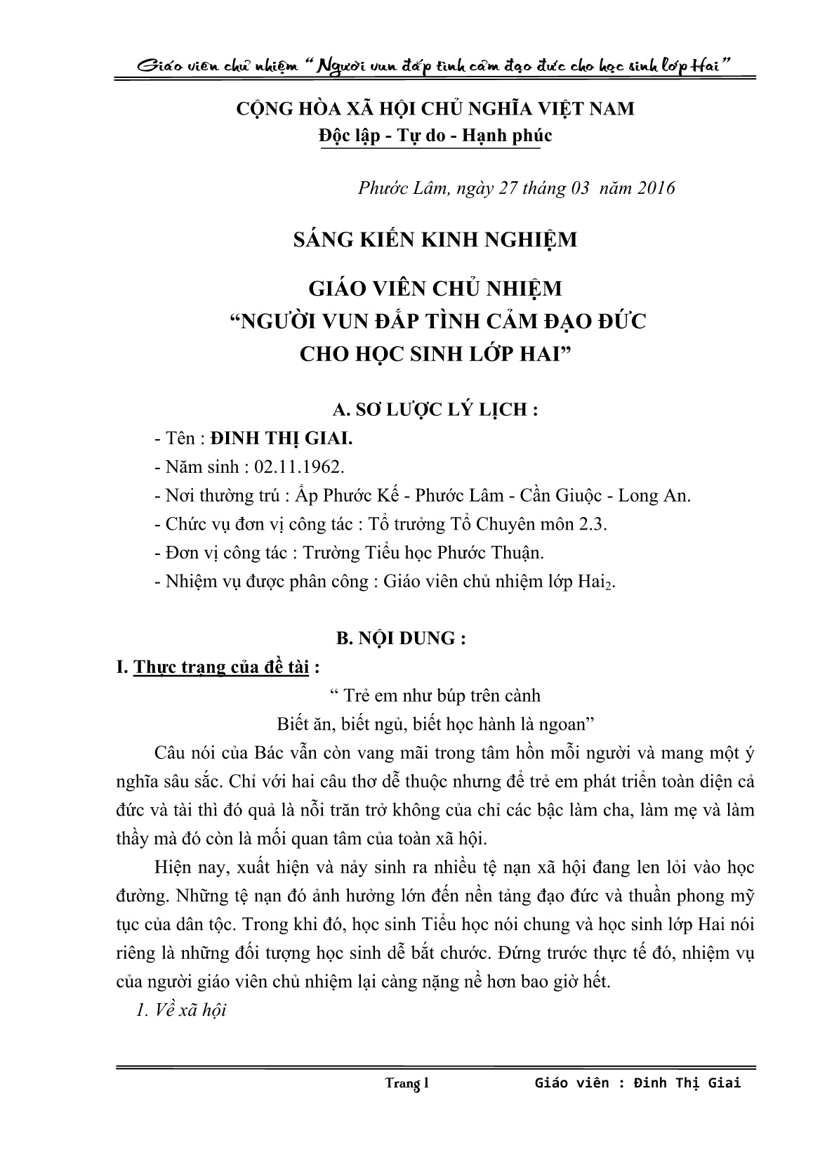 Sáng kiến kinh nghiệm Giáo viên chủ nhiệm “Người vun đắp tình cảm đạo đức cho học sinh lớp Hai” trang 1 Sáng kiến kinh nghiệm Giáo viên chủ nhiệm “Người vun đắp tình cảm đạo đức cho học sinh lớp Hai” trang 1
