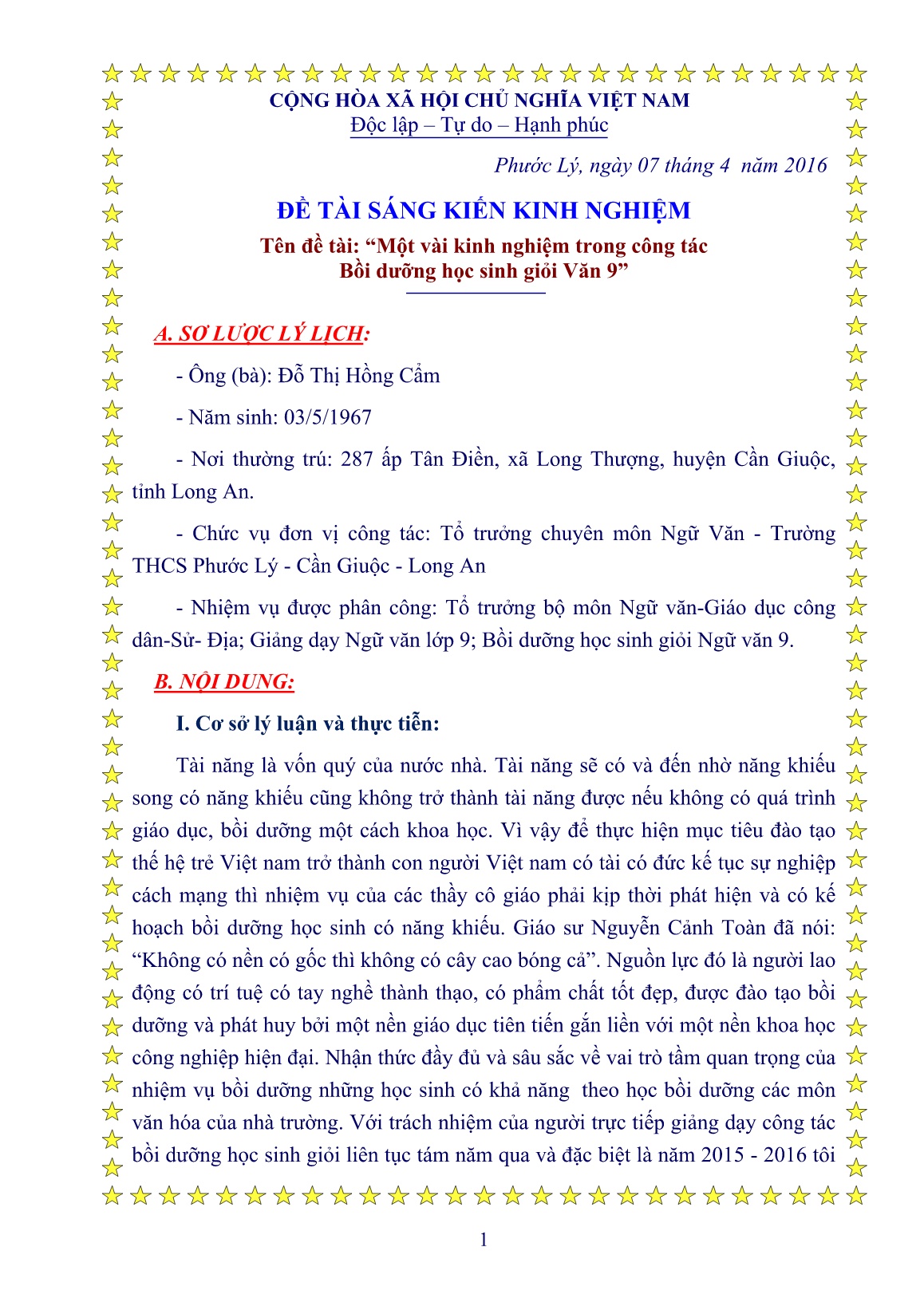 Sáng kiến kinh nghiệm Một vài kinh nghiệm trong công tác Bồi dưỡng học sinh giỏi Văn 9 trang 2 Sáng kiến kinh nghiệm Một vài kinh nghiệm trong công tác Bồi dưỡng học sinh giỏi Văn 9 trang 2