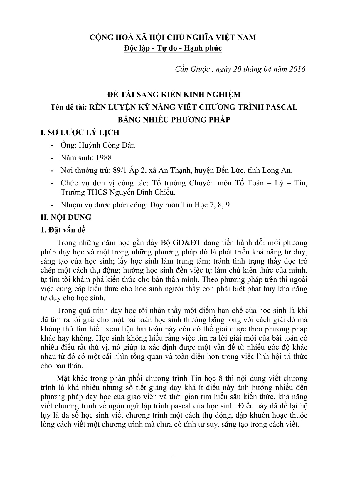 Sáng kiến kinh nghiệm Rèn luyện kỹ năng viết chương trình Pascal bằng nhiều phương pháp trang 1 Sáng kiến kinh nghiệm Rèn luyện kỹ năng viết chương trình Pascal bằng nhiều phương pháp trang 1