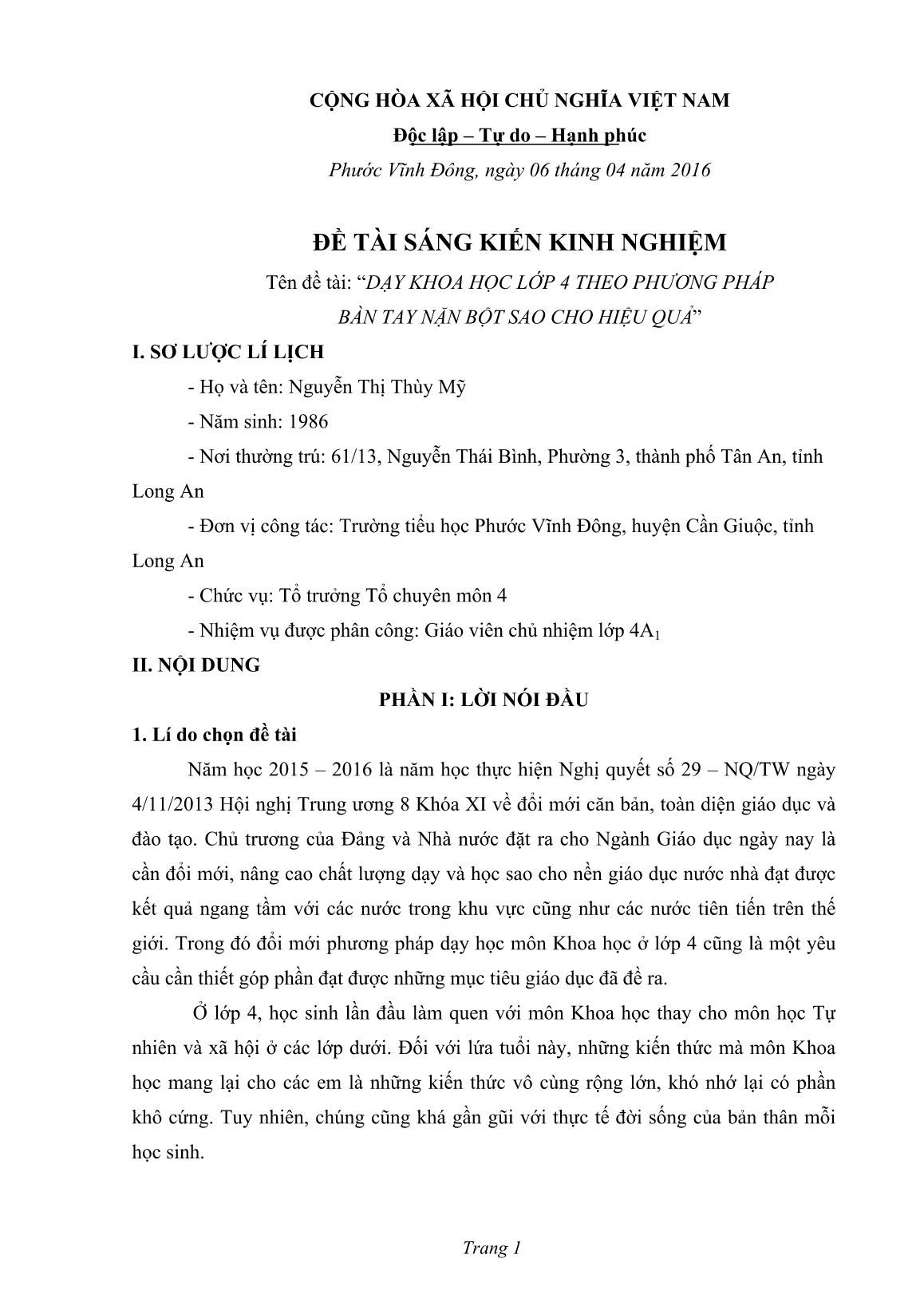 Sáng kiến kinh nghiệm Dạy Khoa học Lớp 4 theo phương pháp Bàn tay nặn bột sao cho hiệu quả trang 1 Sáng kiến kinh nghiệm Dạy Khoa học Lớp 4 theo phương pháp Bàn tay nặn bột sao cho hiệu quả trang 1