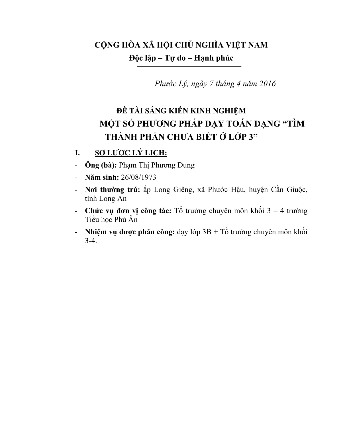 Sáng kiến kinh nghiệm Một số phương pháp dạy toán dạng Tìm thành phần chưa biết ở Lớp 3 trang 2 Sáng kiến kinh nghiệm Một số phương pháp dạy toán dạng Tìm thành phần chưa biết ở Lớp 3 trang 2