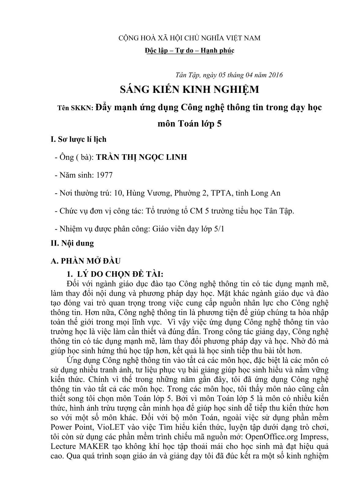 Sáng kiến kinh nghiệm Đẩy mạnh ứng dụng Công nghệ thông tin trong dạy học môn Toán Lớp 5 trang 1 Sáng kiến kinh nghiệm Đẩy mạnh ứng dụng Công nghệ thông tin trong dạy học môn Toán Lớp 5 trang 1