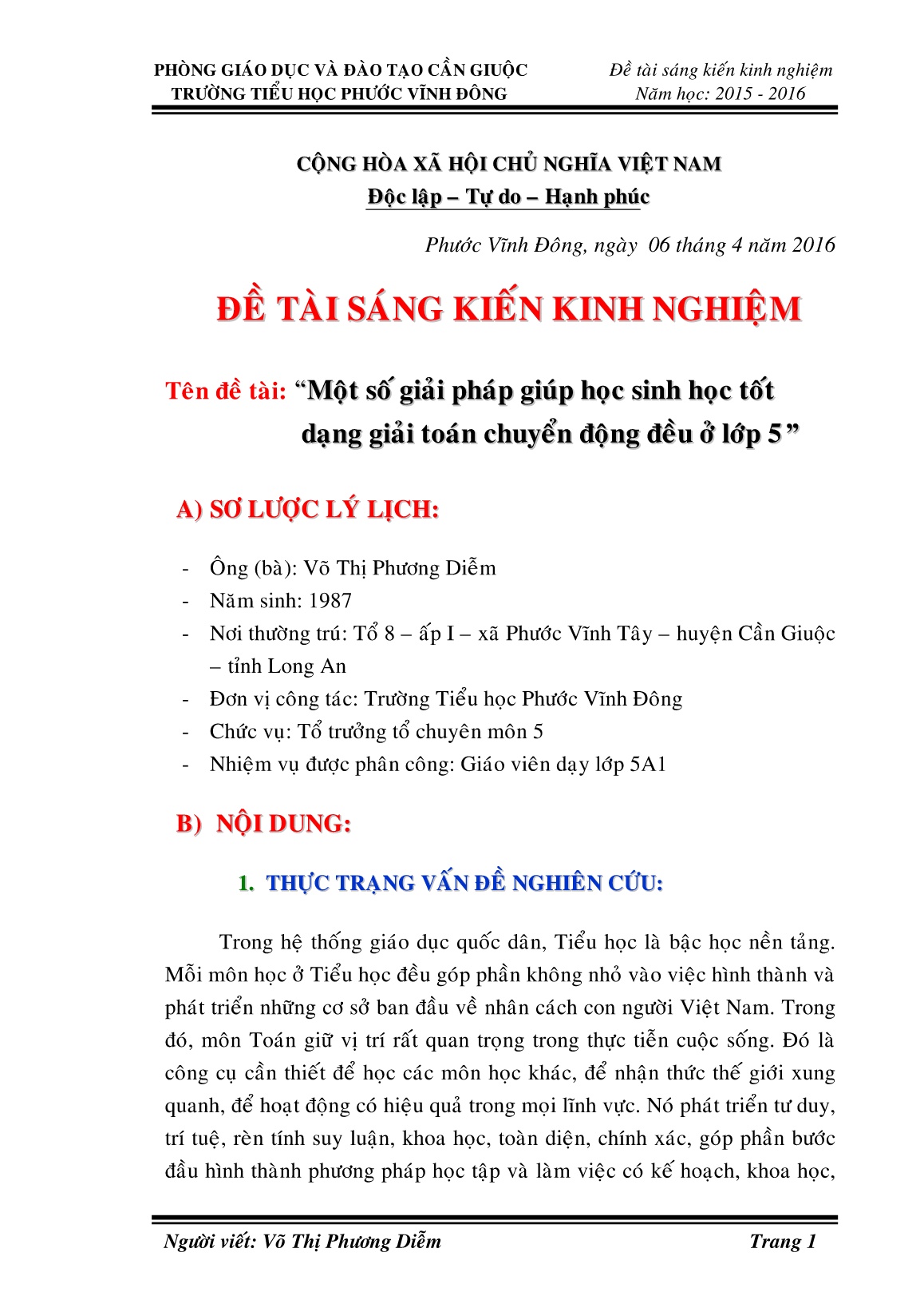 Sáng kiến kinh nghiệm Một số giải pháp giúp học sinh học tốt dạng giải toán chuyển động đều ở Lớp 5 trang 1 Sáng kiến kinh nghiệm Một số giải pháp giúp học sinh học tốt dạng giải toán chuyển động đều ở Lớp 5 trang 1