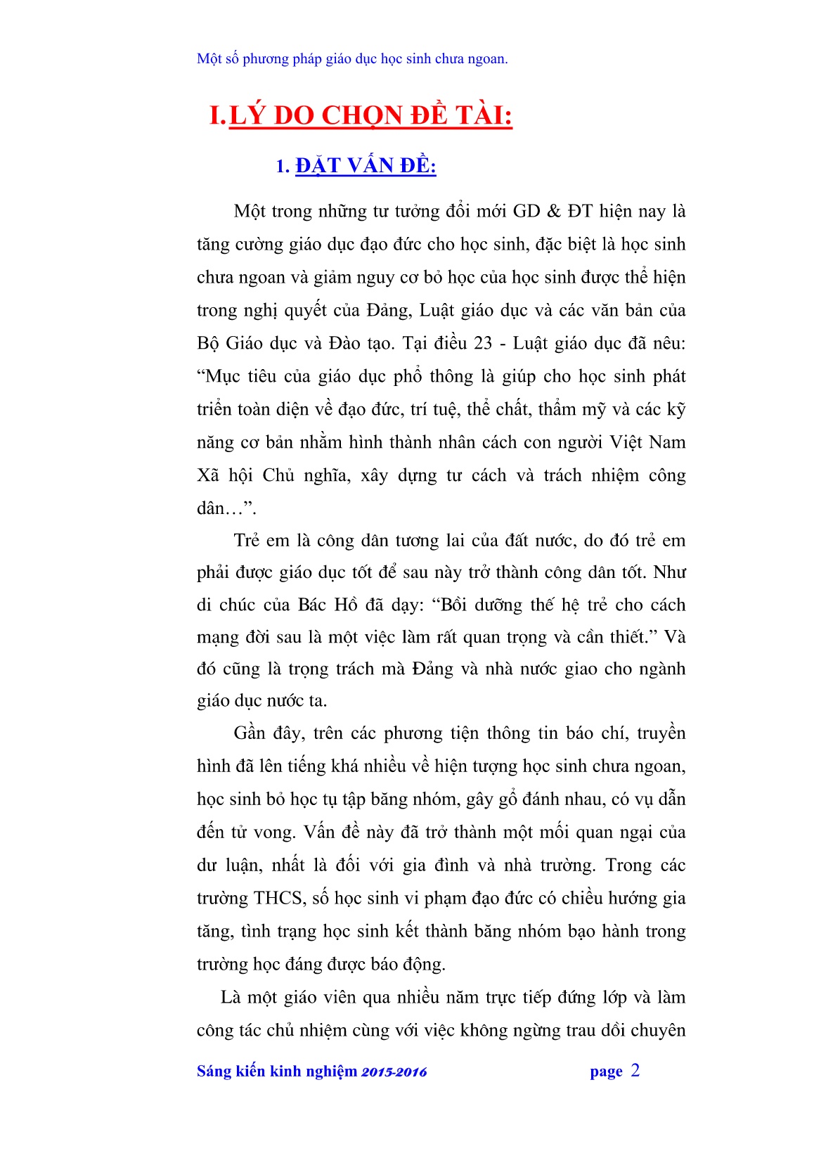 Sáng kiến kinh nghiệm Một số phương pháp giáo dục học sinh chưa ngoan trang 2 Sáng kiến kinh nghiệm Một số phương pháp giáo dục học sinh chưa ngoan trang 2