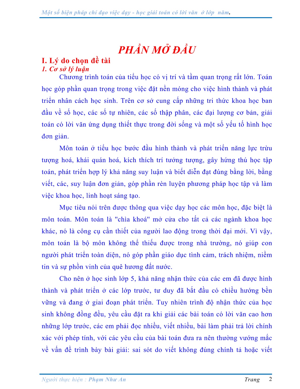 Sáng kiến kinh nghiệm Một số biện pháp chỉ đạo việc dạy - học giải toán có lời văn ở Lớp năm trang 2 Sáng kiến kinh nghiệm Một số biện pháp chỉ đạo việc dạy - học giải toán có lời văn ở Lớp năm trang 2