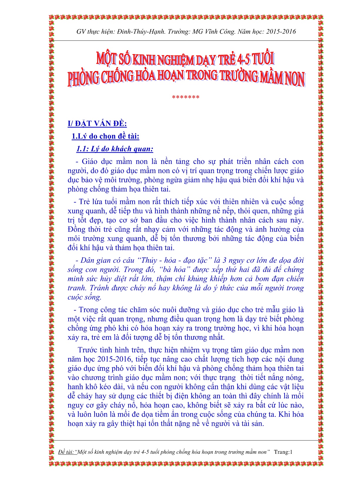 Sáng kiến kinh nghiệm Một số kinh nghiệm dạy trẻ 4-5 tuổi phòng chống hỏa hoạn trong trường mầm non trang 1 Sáng kiến kinh nghiệm Một số kinh nghiệm dạy trẻ 4-5 tuổi phòng chống hỏa hoạn trong trường mầm non trang 1