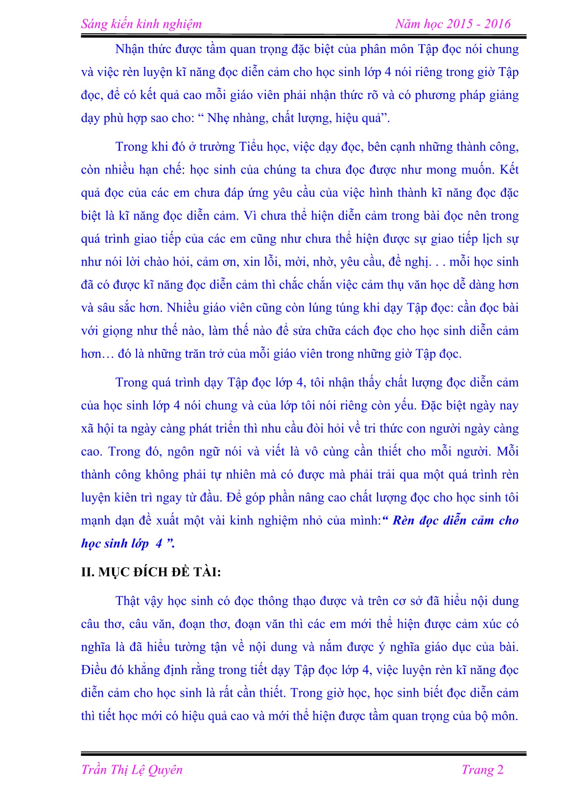 Sáng kiến kinh nghiệm Rèn đọc diễn cảm cho học sinh Lớp 4 trang 2 Sáng kiến kinh nghiệm Rèn đọc diễn cảm cho học sinh Lớp 4 trang 2