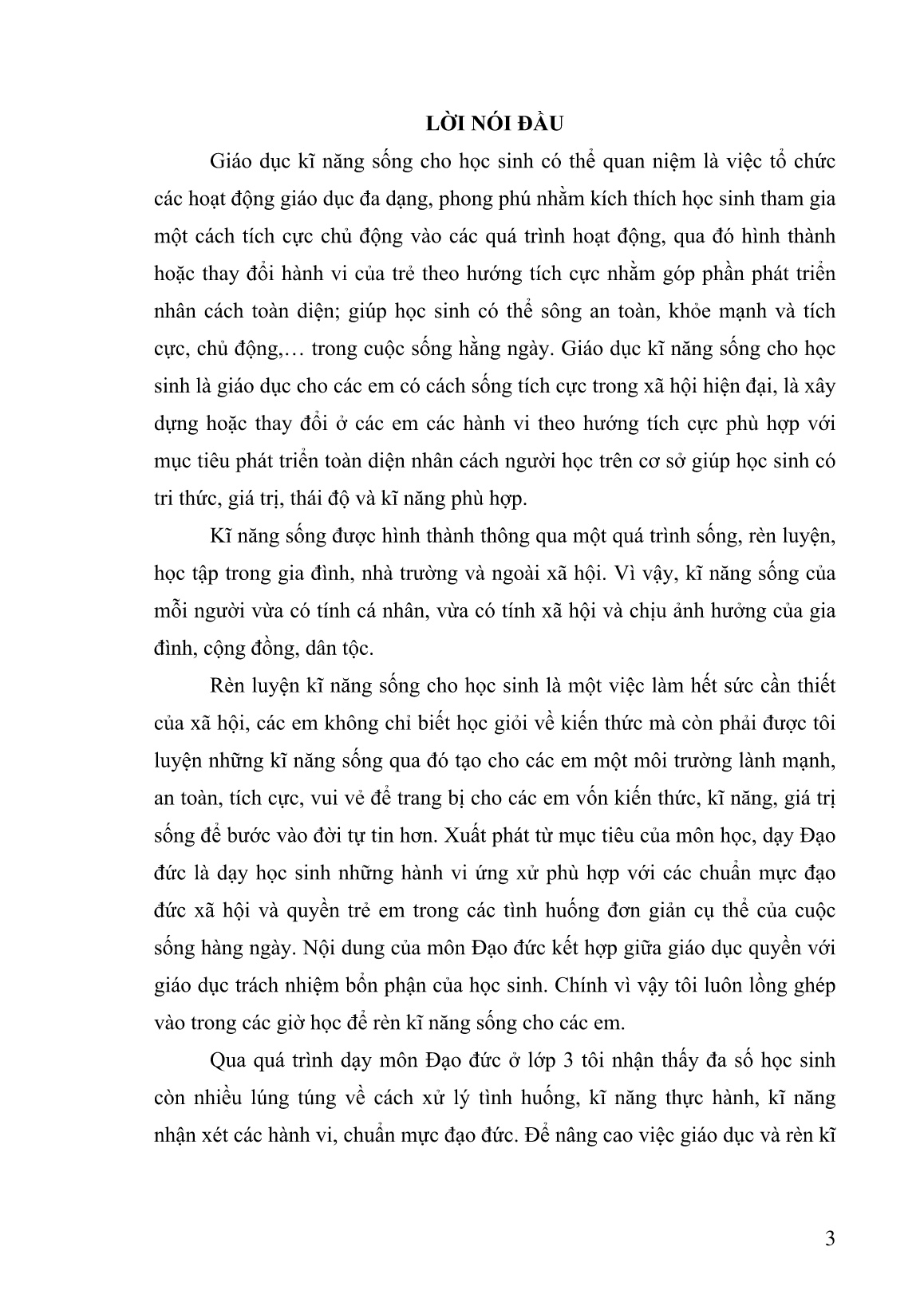 Sáng kiến kinh nghiệm Một vài kinh nghiệm giáo dục kỹ năng sống cho học sinh qua môn Đạo đức Lớp 3 trang 3 Sáng kiến kinh nghiệm Một vài kinh nghiệm giáo dục kỹ năng sống cho học sinh qua môn Đạo đức Lớp 3 trang 3