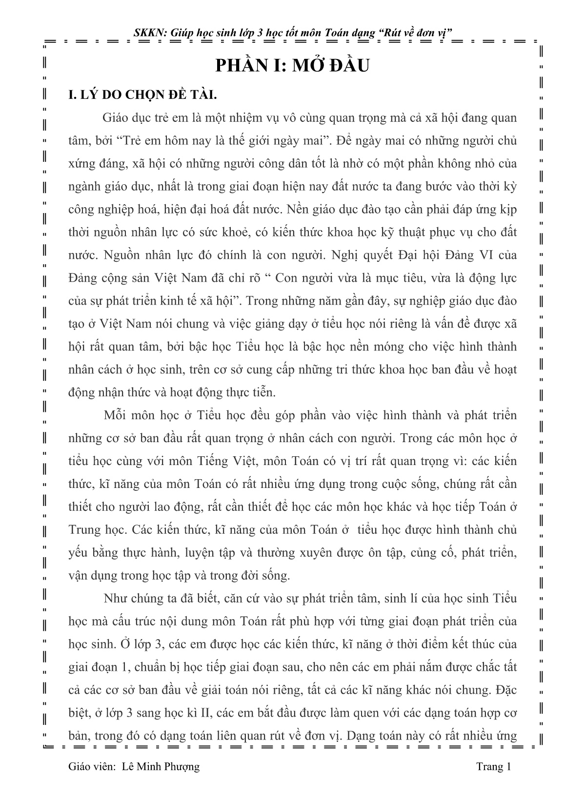 Sáng kiến kinh nghiệm Giúp học sinh Lớp 3 học tốt môn Toán dạng rút về đơn vị trang 1 Sáng kiến kinh nghiệm Giúp học sinh Lớp 3 học tốt môn Toán dạng rút về đơn vị trang 1