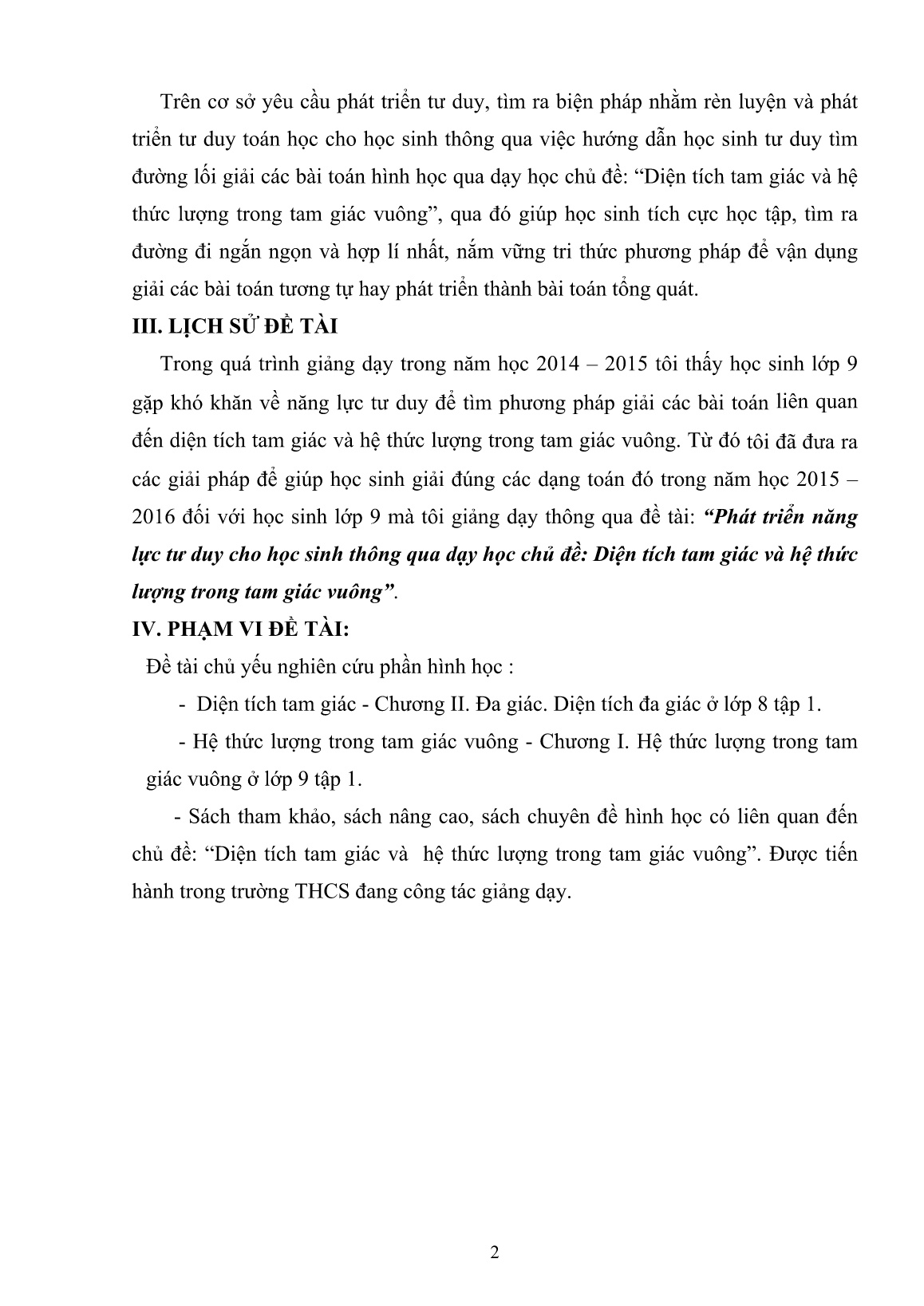 SKKN Phát triển năng lực tư duy cho học sinh thông qua dạy học chủ đề: Diện tích tam giác và hệ thức lượng trong tam giác vuông trang 2 SKKN Phát triển năng lực tư duy cho học sinh thông qua dạy học chủ đề: Diện tích tam giác và hệ thức lượng trong tam giác vuông trang 2