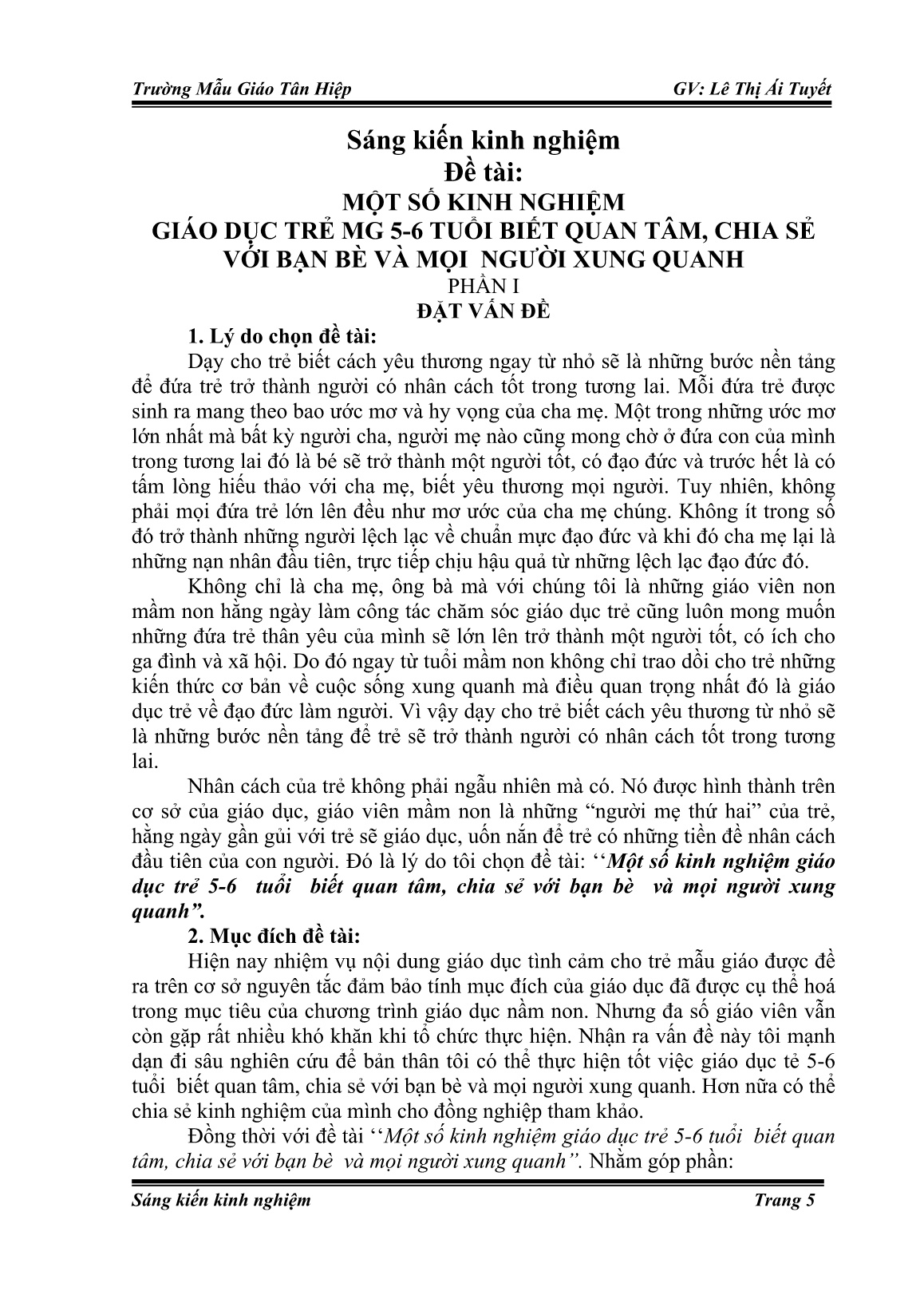SKKN Một số kinh nghiệm giáo dục trẻ MG 5-6 tuổi biết quan tâm, chia sẻ với bạn bè và mọi người xung quanh trang 5 SKKN Một số kinh nghiệm giáo dục trẻ MG 5-6 tuổi biết quan tâm, chia sẻ với bạn bè và mọi người xung quanh trang 5
