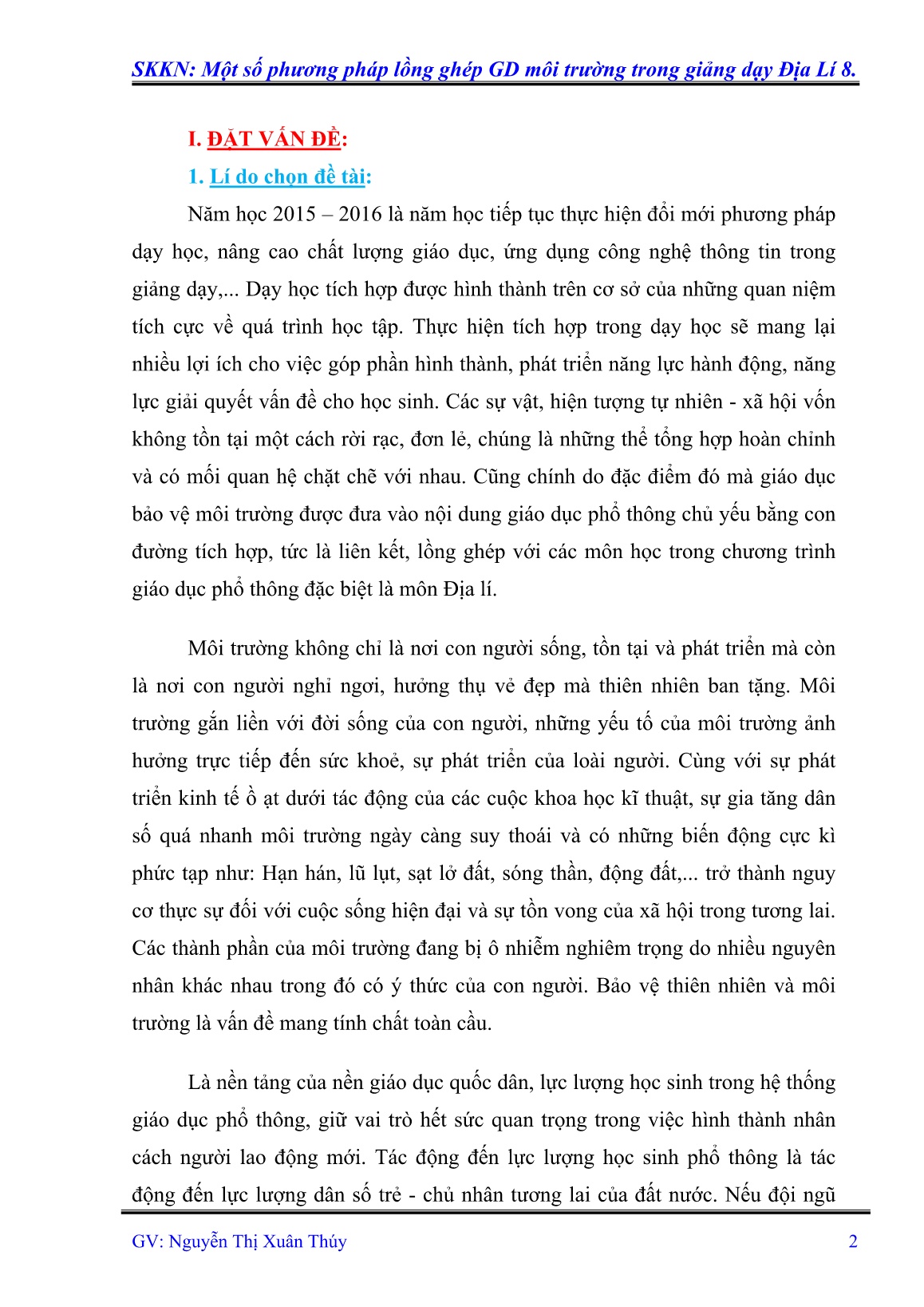 Sáng kiến kinh nghiệm Một số phương pháp lồng ghép GD môi trường trong giảng dạy Địa lí 8 trang 2 Sáng kiến kinh nghiệm Một số phương pháp lồng ghép GD môi trường trong giảng dạy Địa lí 8 trang 2