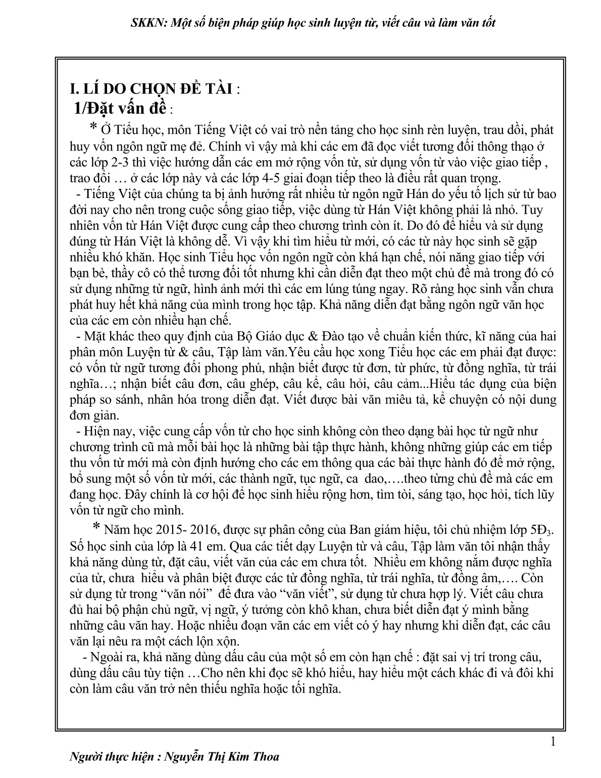 Sáng kiến kinh nghiệm Một số biện pháp giúp học sinh luyện từ , viết câu và làm văn tốt trang 1