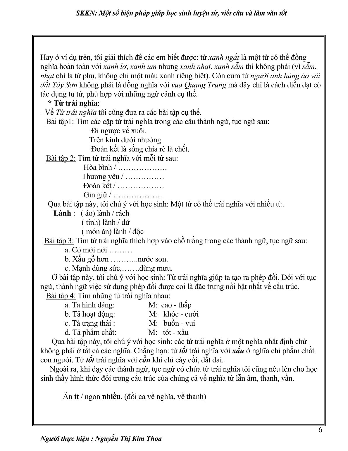 Sáng kiến kinh nghiệm Một số biện pháp giúp học sinh luyện từ , viết câu và làm văn tốt trang 6