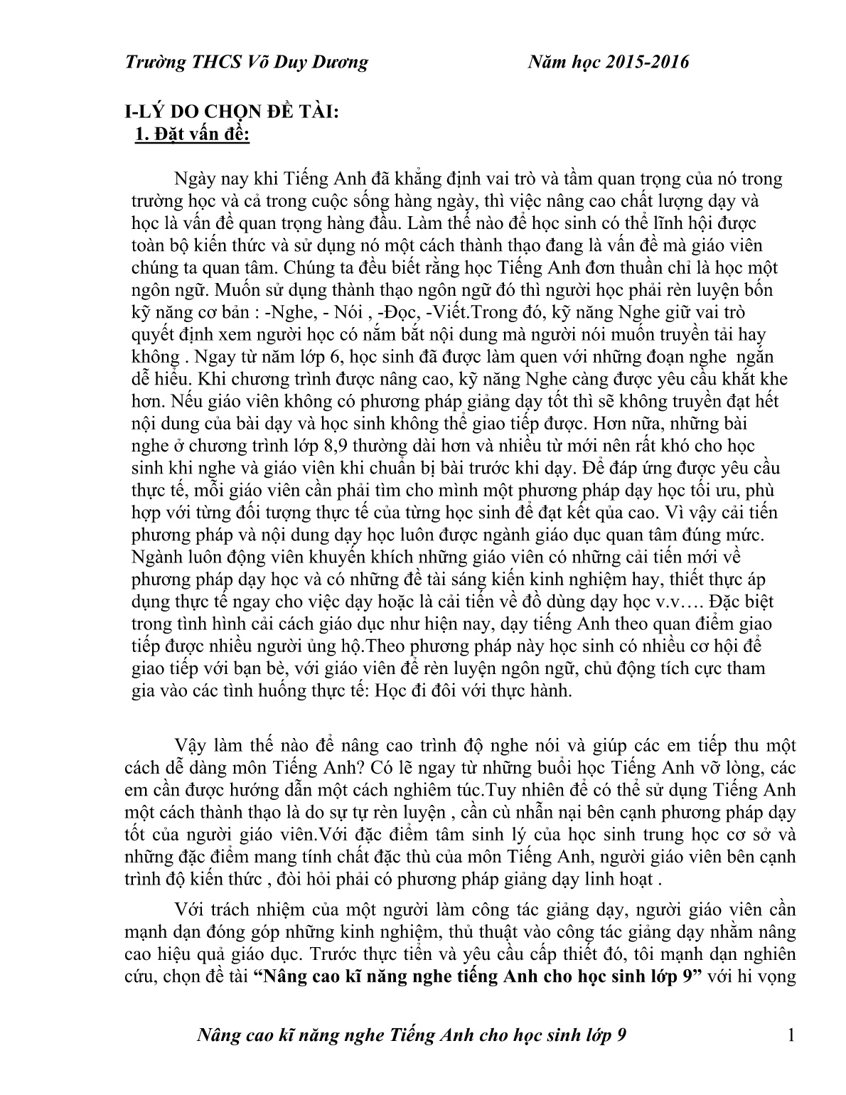 Sáng kiến kinh nghiệm Nâng cao kĩ năng nghe Tiếng Anh cho học sinh Lớp 9 trang 1