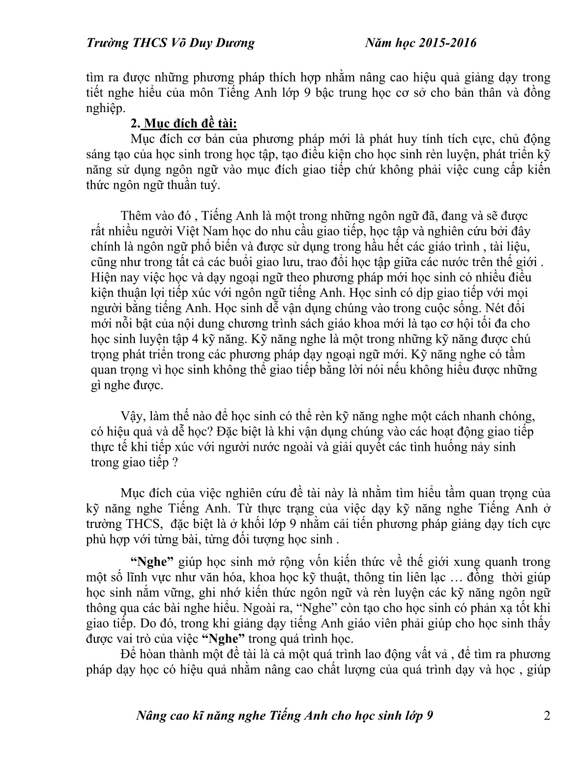 Sáng kiến kinh nghiệm Nâng cao kĩ năng nghe Tiếng Anh cho học sinh Lớp 9 trang 2