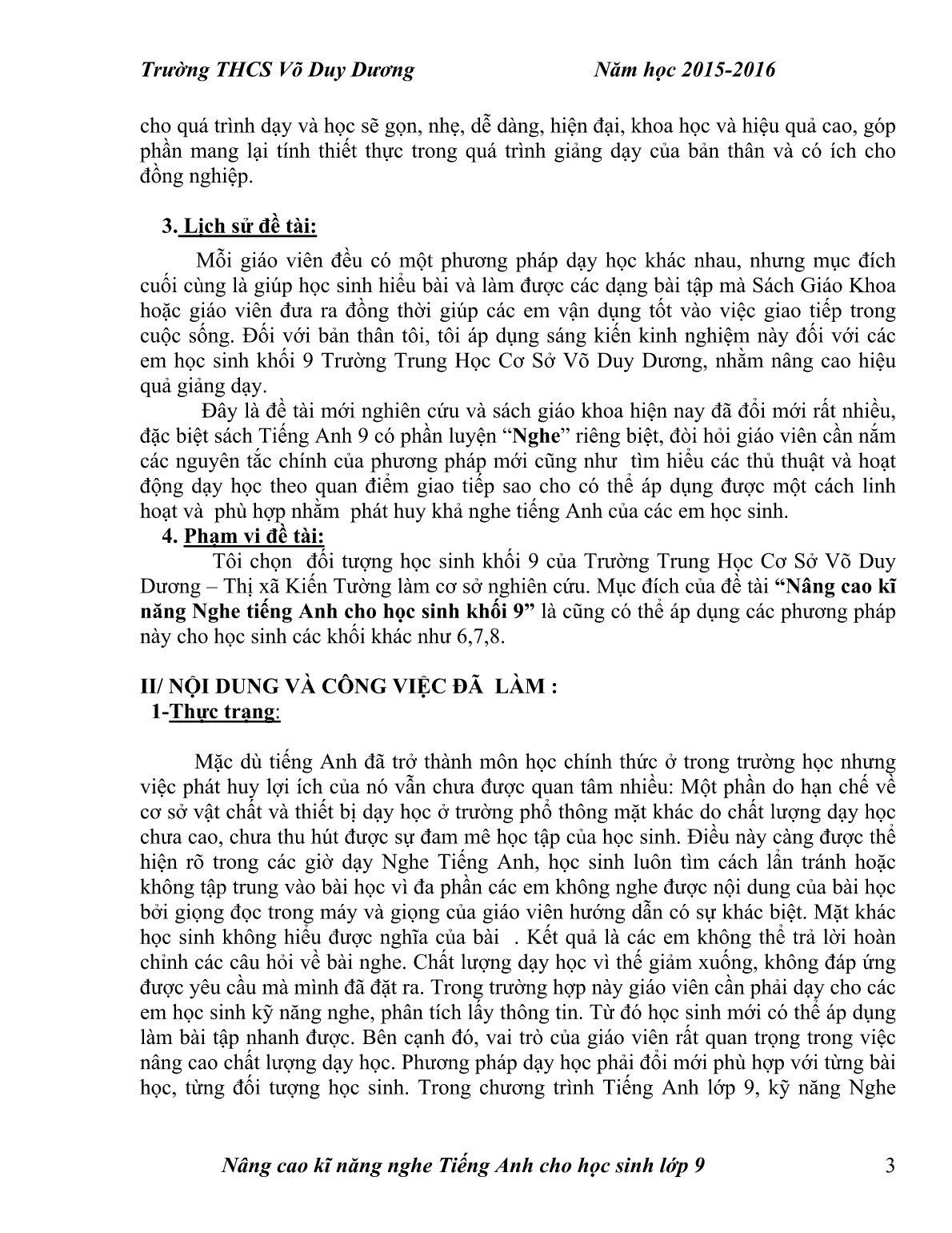 Sáng kiến kinh nghiệm Nâng cao kĩ năng nghe Tiếng Anh cho học sinh Lớp 9 trang 3