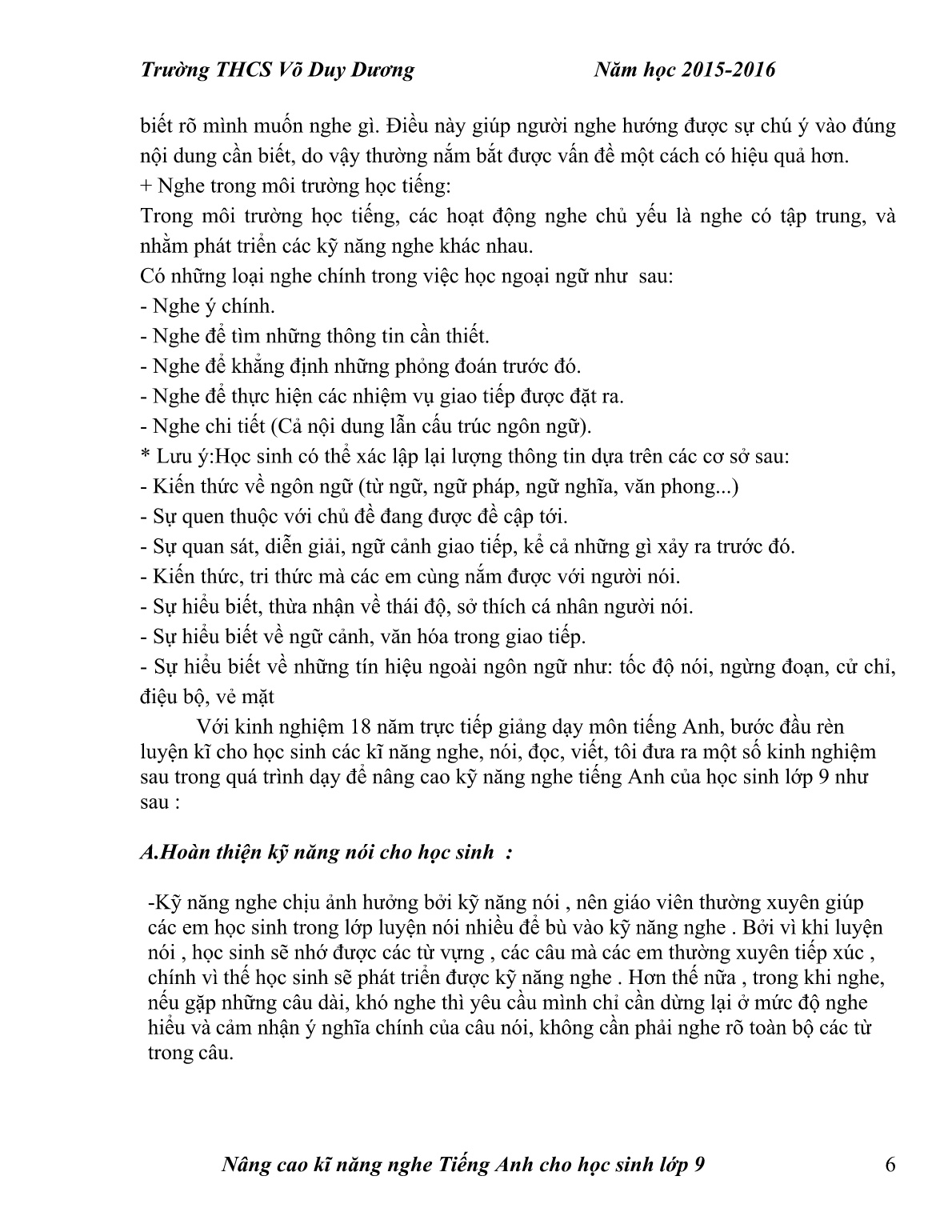 Sáng kiến kinh nghiệm Nâng cao kĩ năng nghe Tiếng Anh cho học sinh Lớp 9 trang 6