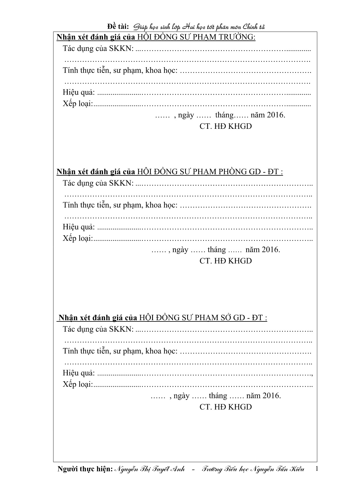 Sáng kiến kinh nghiệm Giúp học sinh Lớp Hai học tốt phân môn Chính tả trang 1