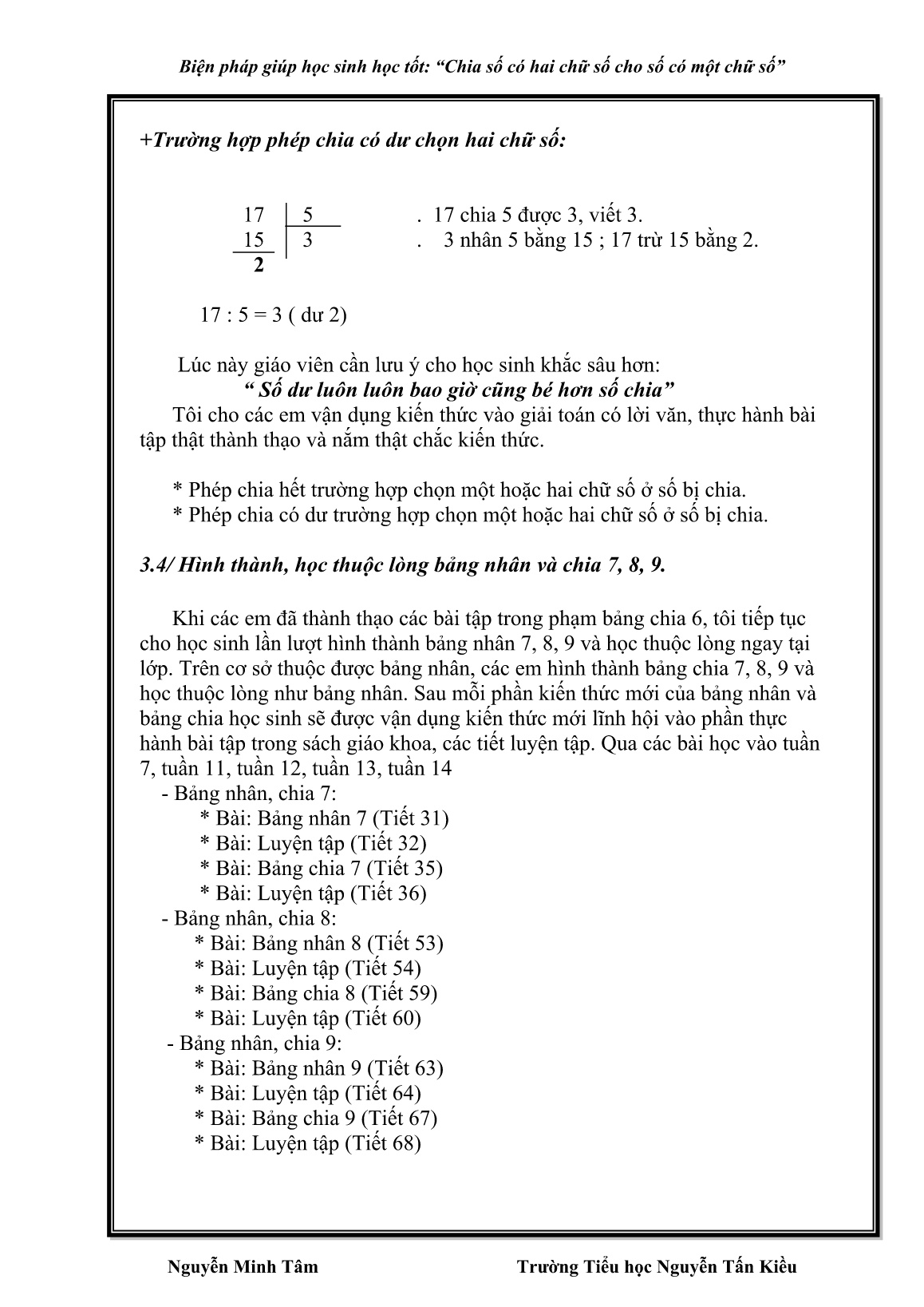 Sáng kiến kinh nghiệm Biện pháp giúp học sinh học tốt: Chia số có hai chữ số cho số có một chữ số trang 10