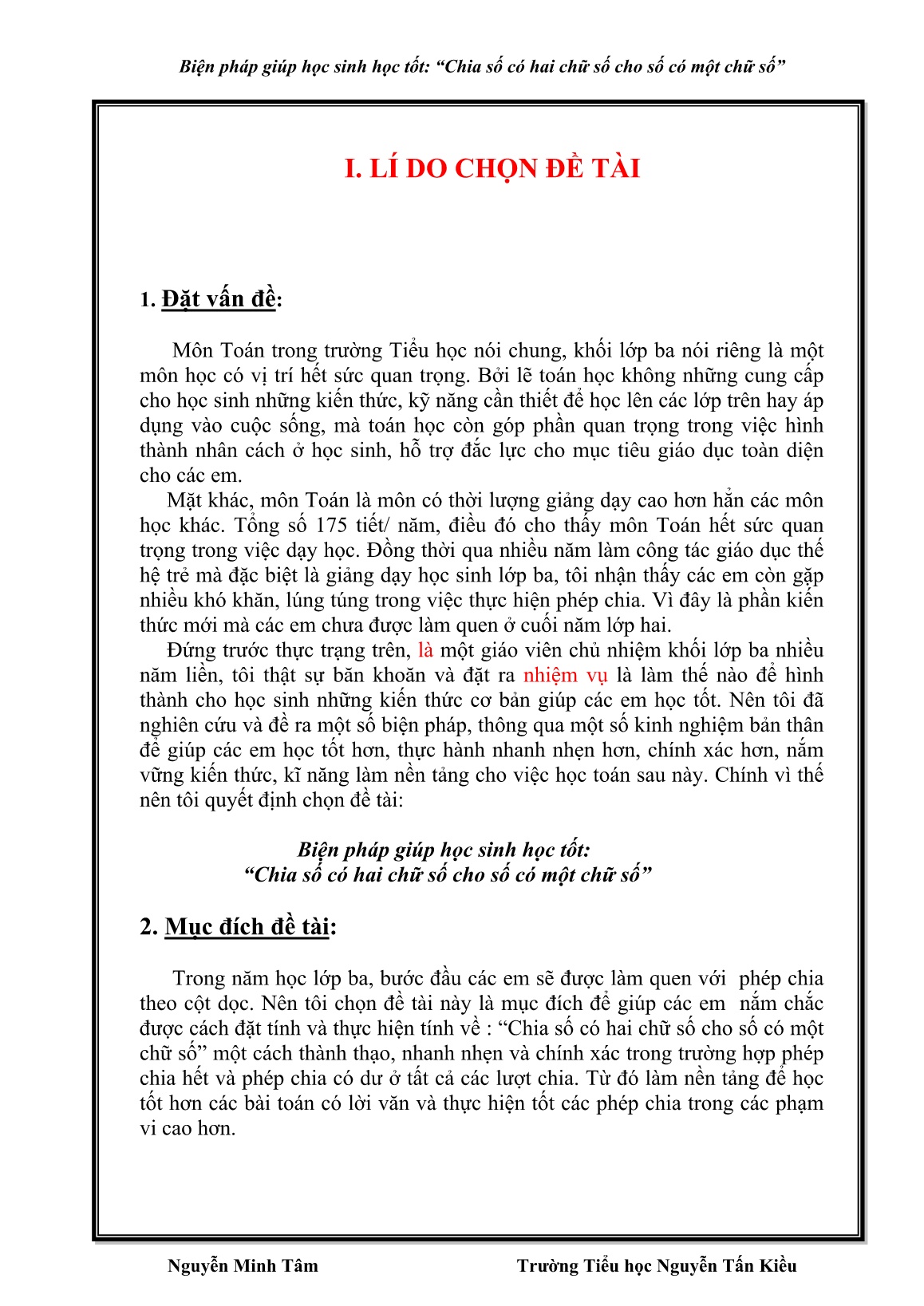 Sáng kiến kinh nghiệm Biện pháp giúp học sinh học tốt: Chia số có hai chữ số cho số có một chữ số trang 1