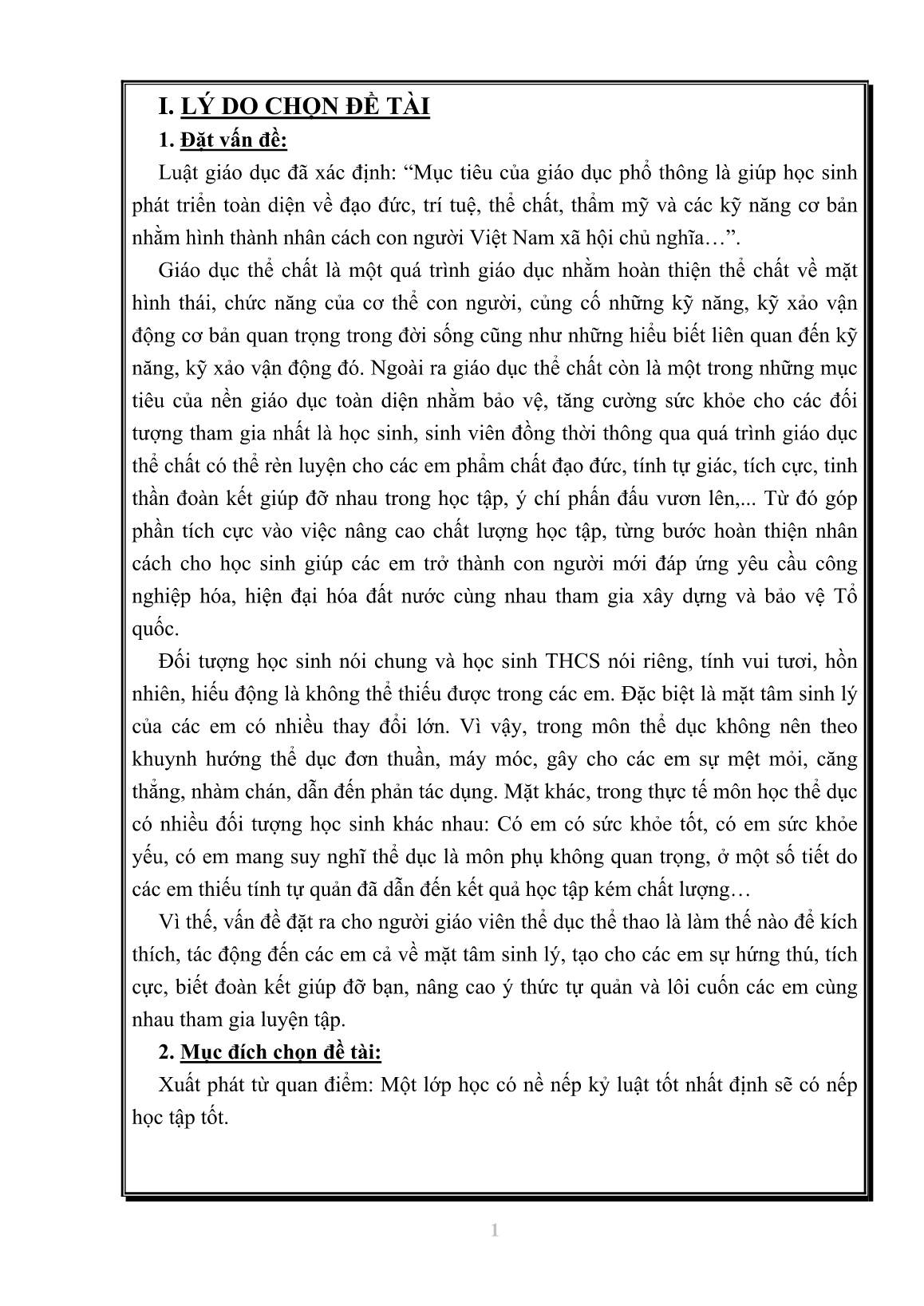 Sáng kiến kinh nghiệm Phát huy vai trò tự quản của học sinh THCS trong giờ thể dục trang 1