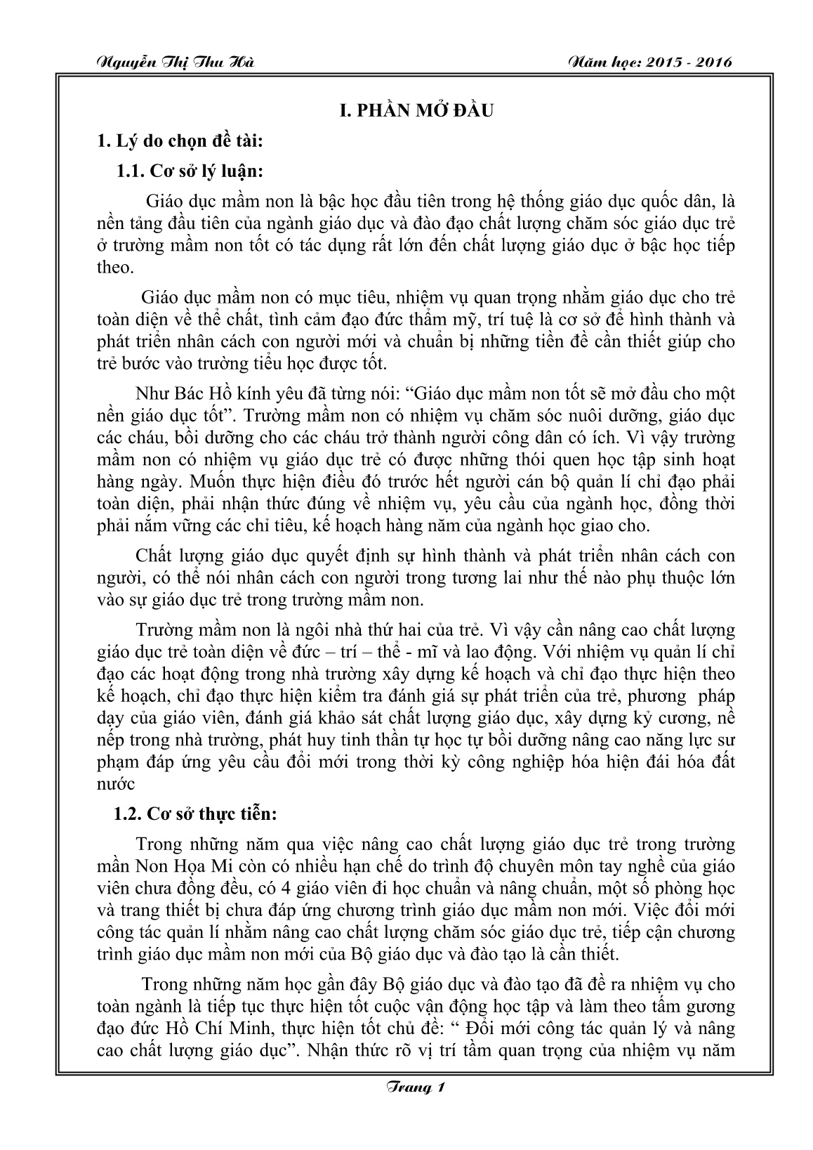 Sáng kiến kinh nghiệm Một số biện pháp bồi dưỡng nâng cao chất lượng chăm sóc giáo dục trong trường mầm non trang 1
