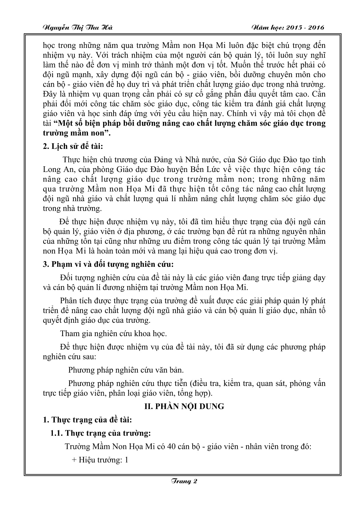 Sáng kiến kinh nghiệm Một số biện pháp bồi dưỡng nâng cao chất lượng chăm sóc giáo dục trong trường mầm non trang 2