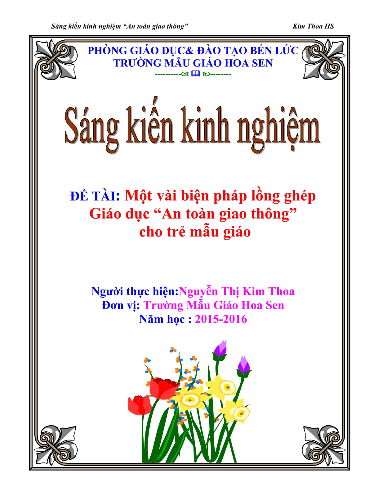 Sáng kiến kinh nghiệm Một vài biện pháp lồng ghép về giáo dục trật tự an toàn giao thông cho trẻ mẫu giáo trang 1