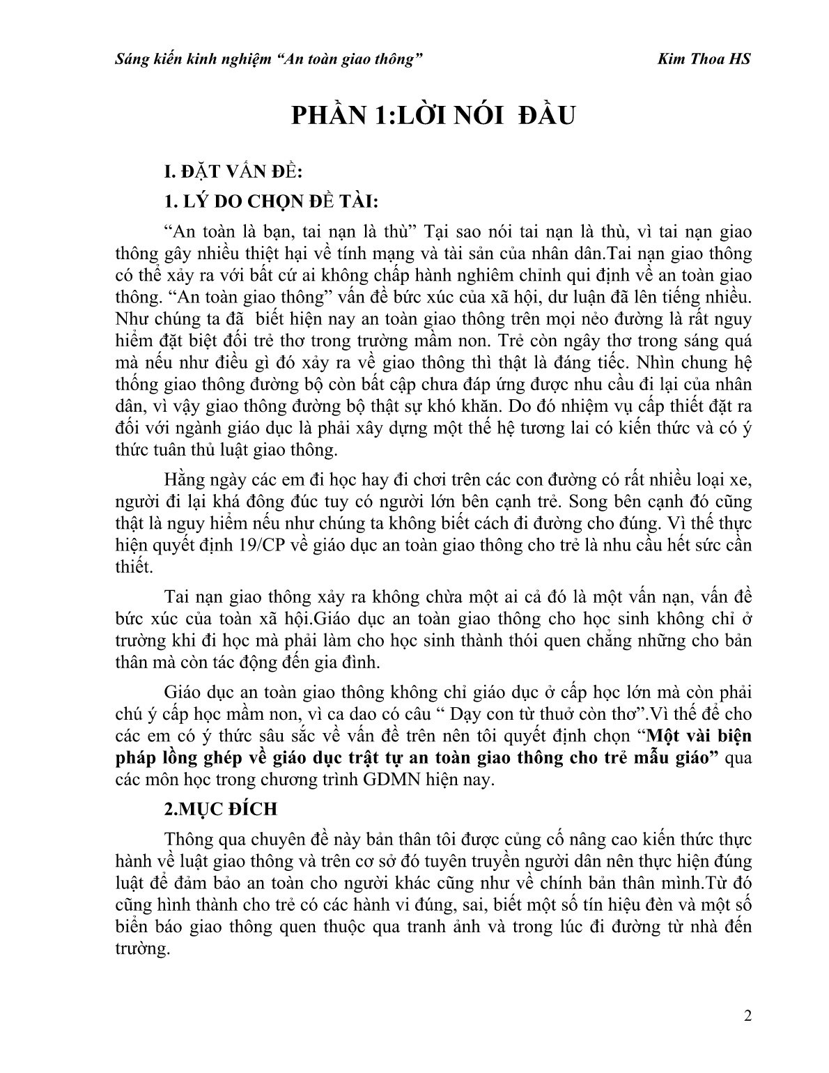 Sáng kiến kinh nghiệm Một vài biện pháp lồng ghép về giáo dục trật tự an toàn giao thông cho trẻ mẫu giáo trang 2