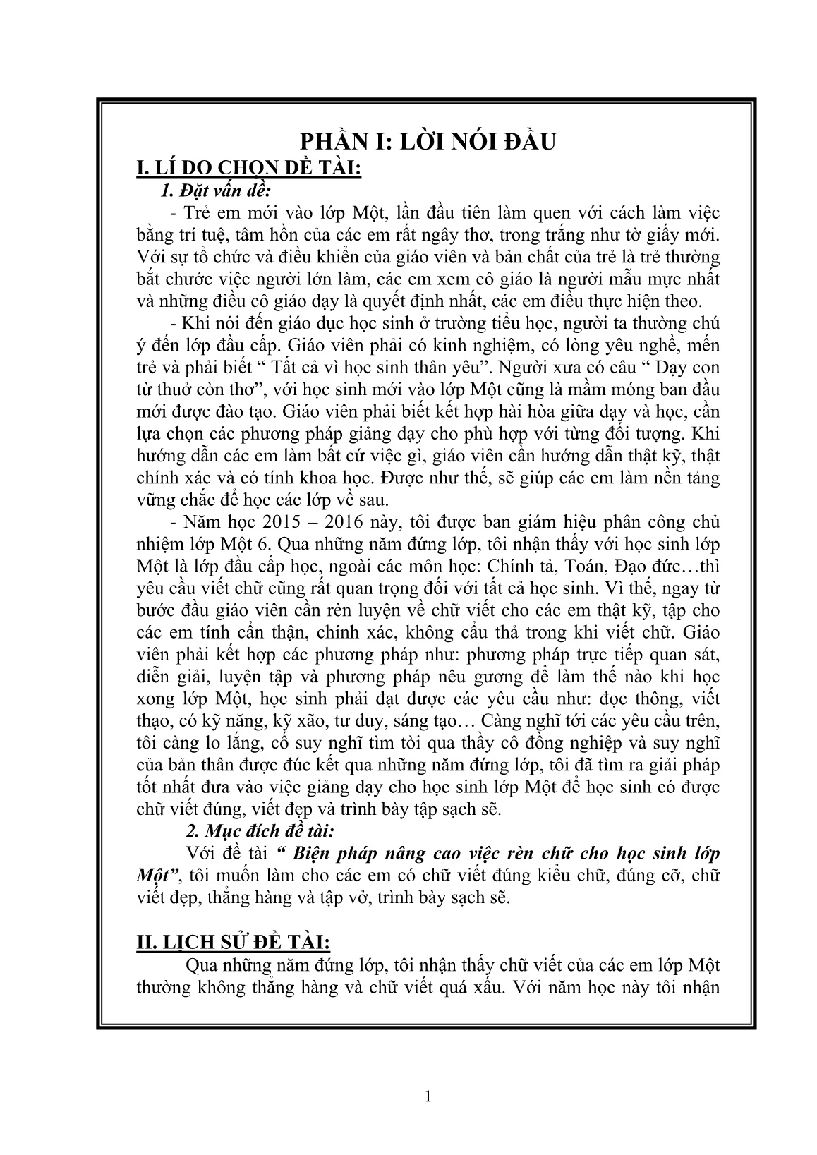 Sáng kiến kinh nghiệm Biện pháp nâng cao việc rèn chữ cho học sinh Lớp Một trang 1