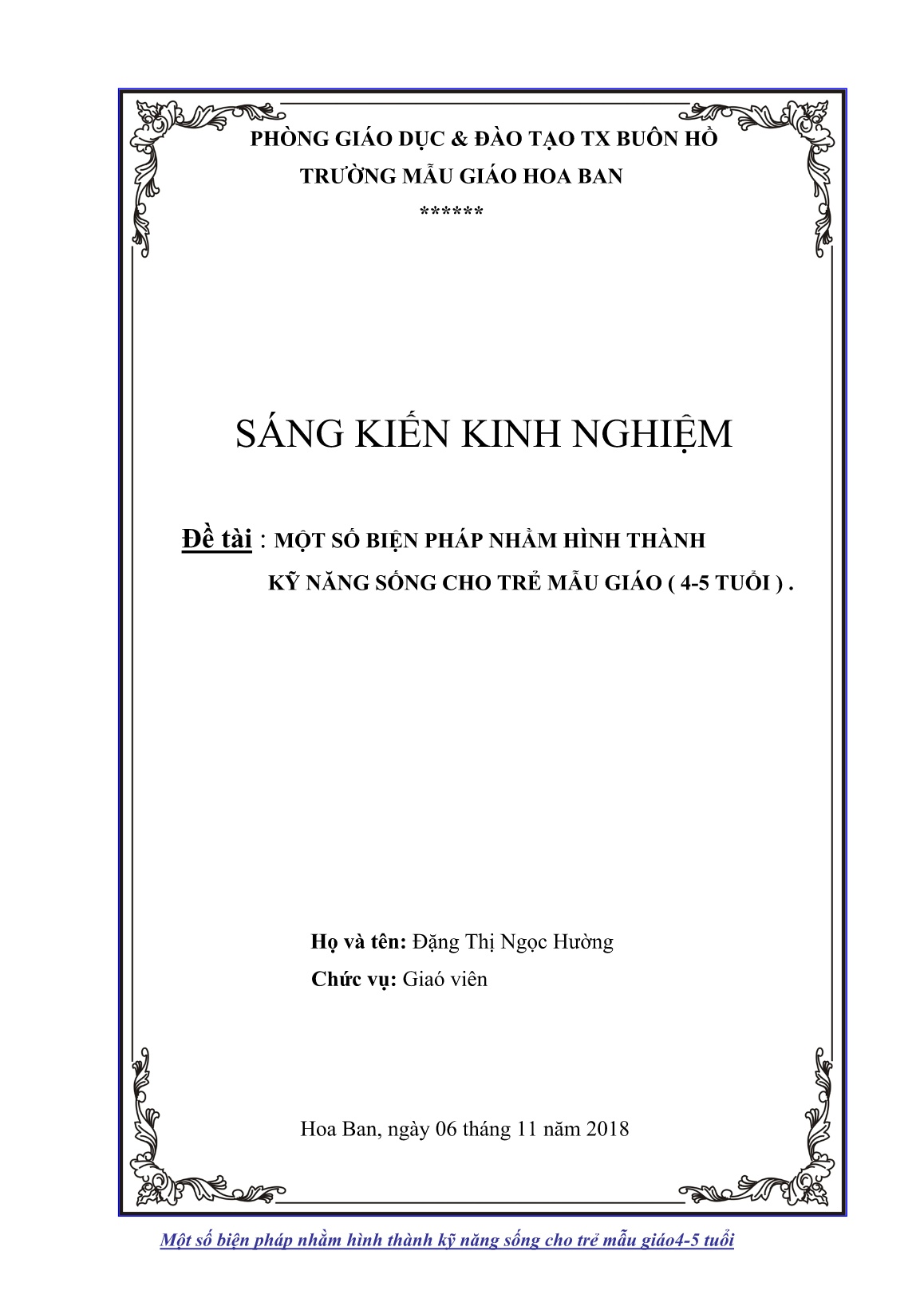 Sáng kiến kinh nghiệm Một số biện pháp nhằm hình thành kỹ năng sống cho trẻ mẫu giáo (4-5 tuổi) trang 1