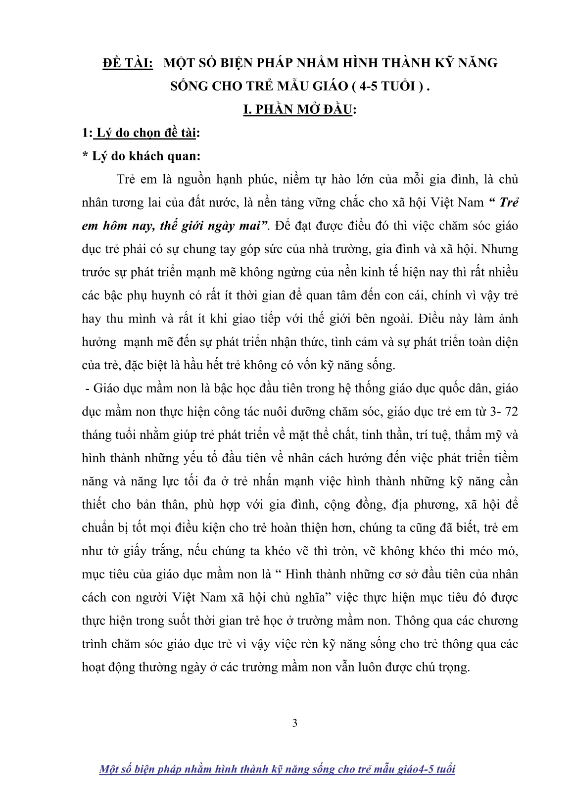 Sáng kiến kinh nghiệm Một số biện pháp nhằm hình thành kỹ năng sống cho trẻ mẫu giáo (4-5 tuổi) trang 3