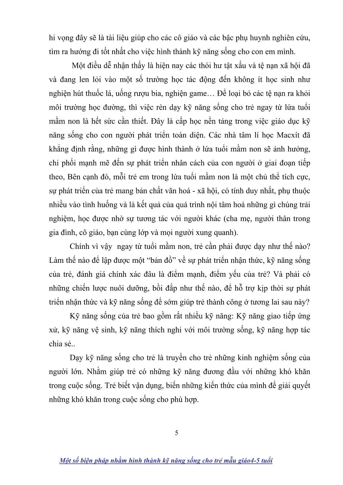 Sáng kiến kinh nghiệm Một số biện pháp nhằm hình thành kỹ năng sống cho trẻ mẫu giáo (4-5 tuổi) trang 5