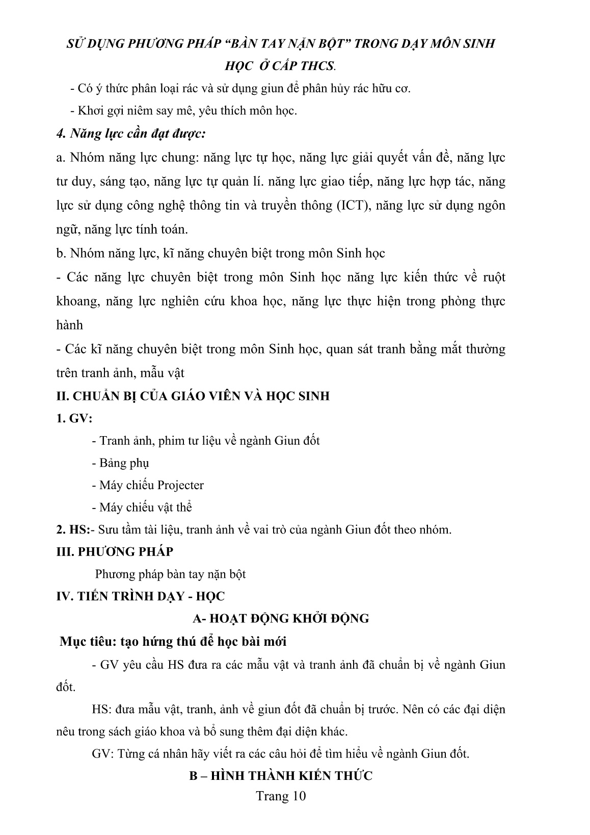 Sáng kiến kinh nghiệm Sử dụng phương pháp “Bàn tay nặn bột” trong dạy môn Sinh học ở cấp THCS trang 10