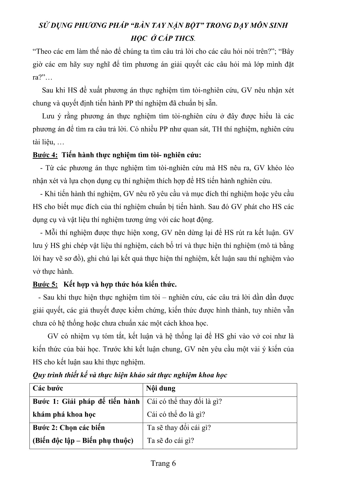 Sáng kiến kinh nghiệm Sử dụng phương pháp “Bàn tay nặn bột” trong dạy môn Sinh học ở cấp THCS trang 6