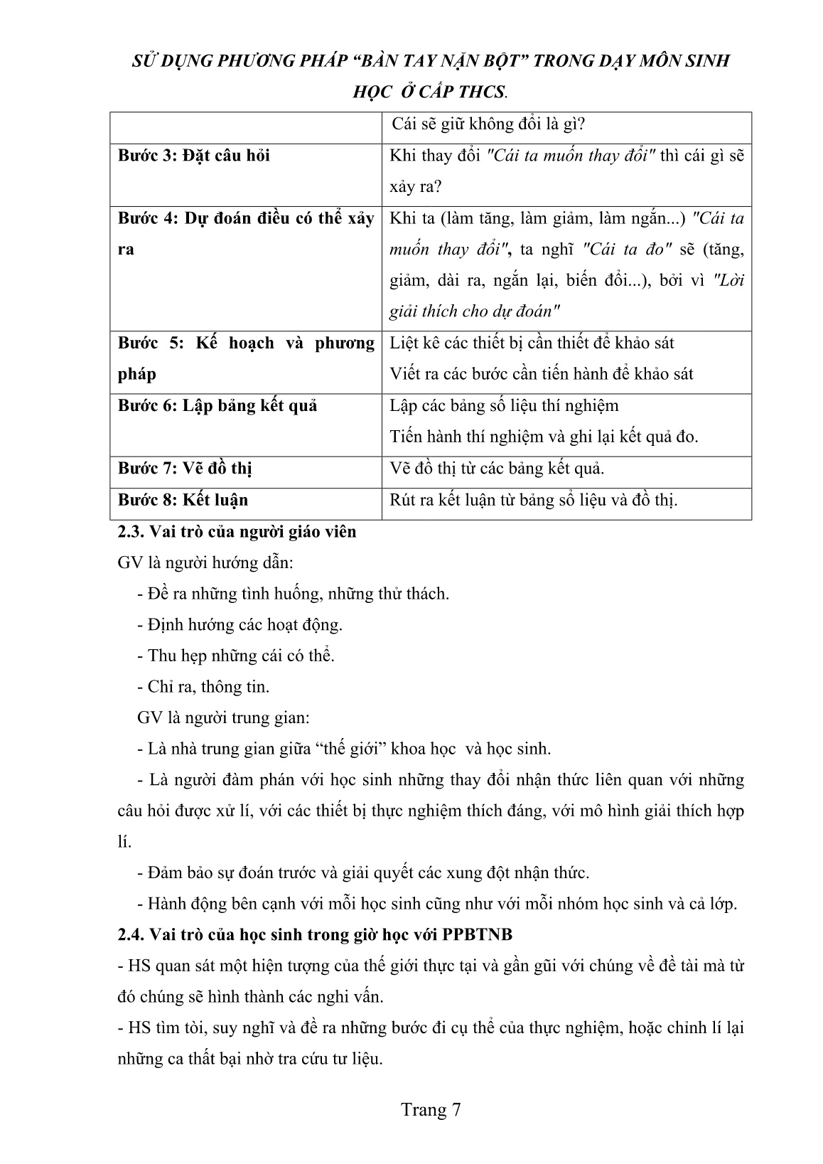 Sáng kiến kinh nghiệm Sử dụng phương pháp “Bàn tay nặn bột” trong dạy môn Sinh học ở cấp THCS trang 7