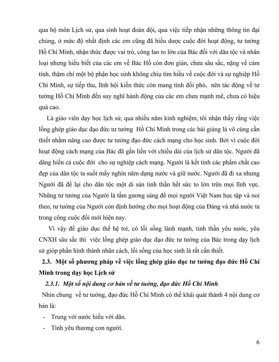 SKKN Một vài kinh nghiệm về việc lồng ghép giáo dục tư tuởng, đạo đức Hồ Chí Minh trong dạy học Lịch sử trang 6
