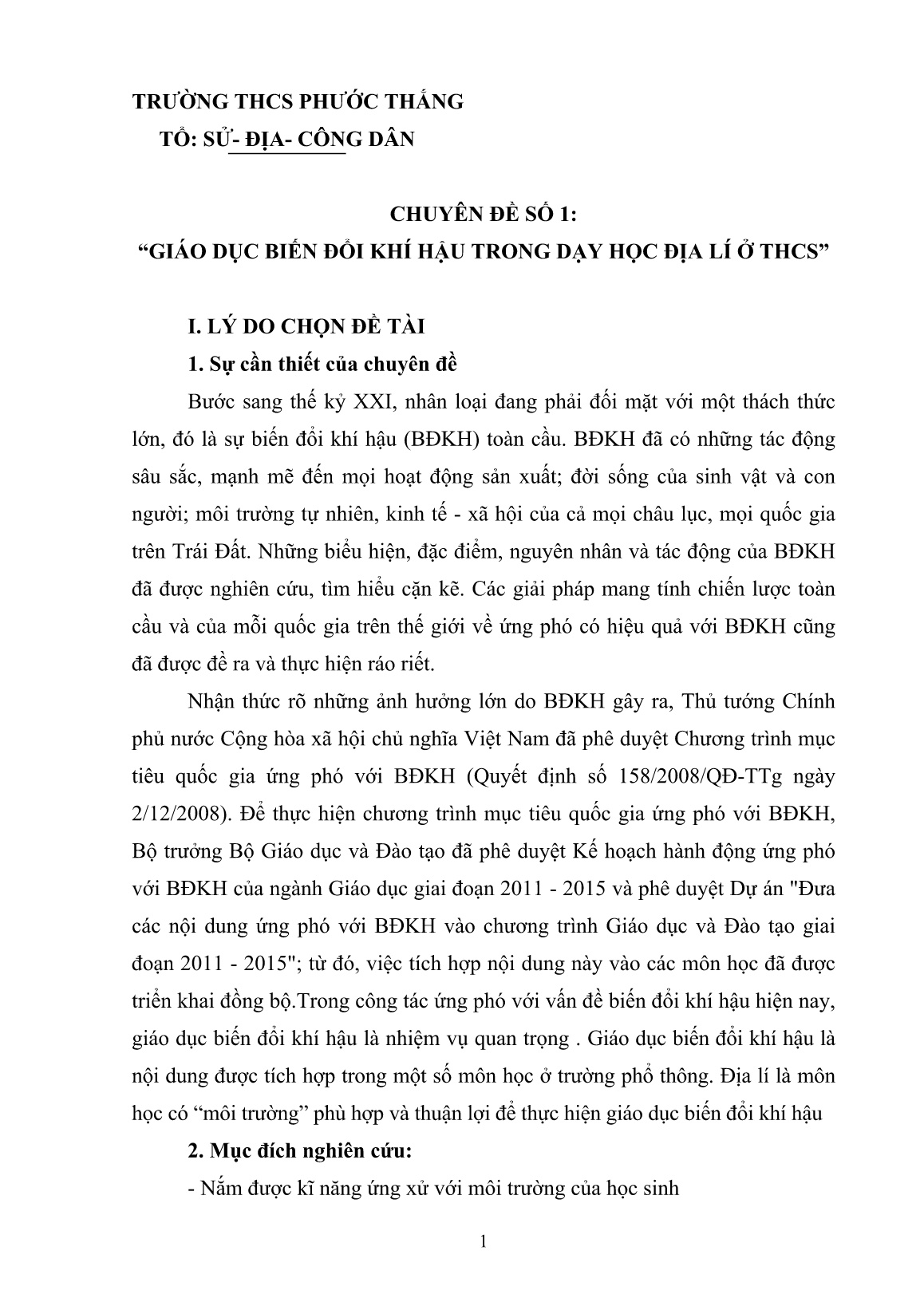 Sáng kiến kinh nghiệm Giáo dục biến đổi khí hậu trong dạy học Địa lí ở THCS trang 1