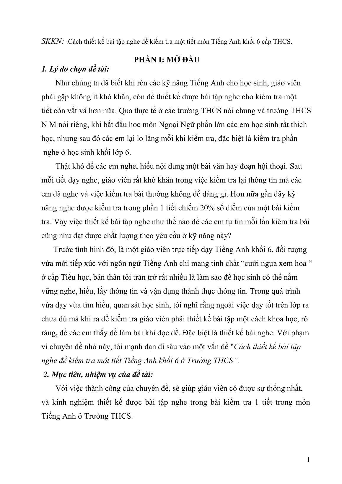 Sáng kiến kinh nghiệm Cách thiết kế bài tập nghe để kiểm tra một tiết môn Tiếng Anh Khối 6 cấp THCS trang 1