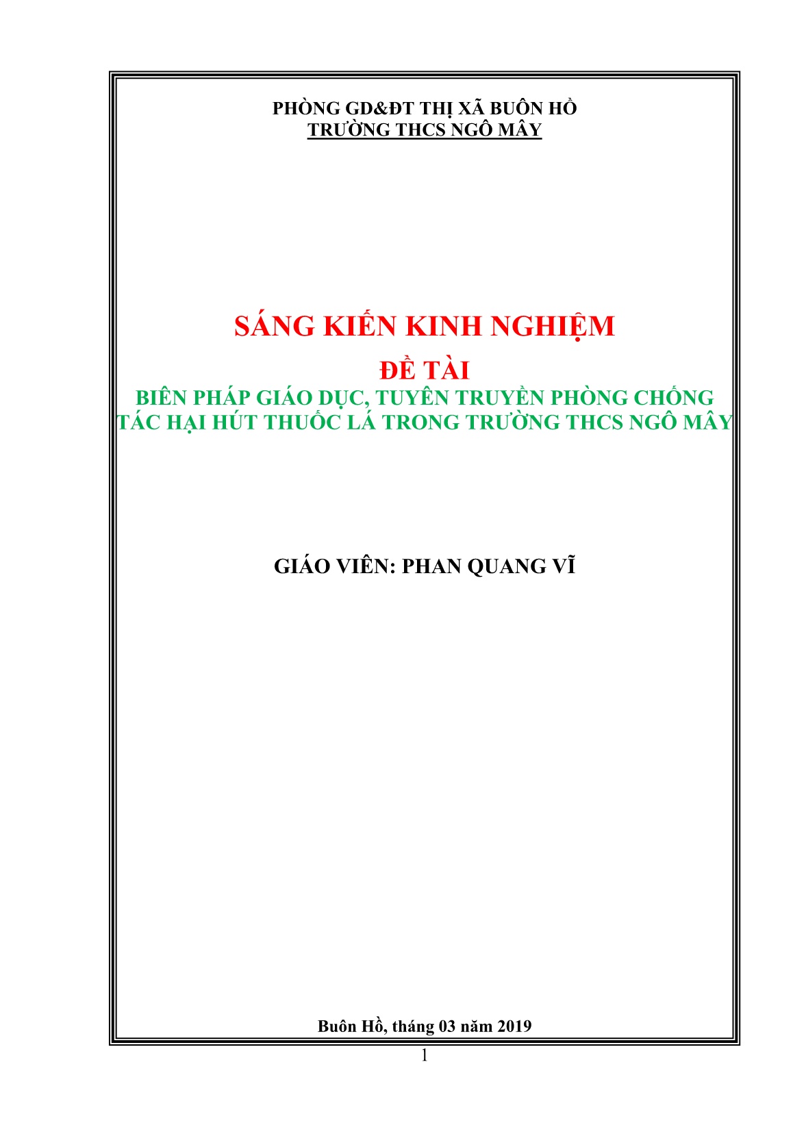 Sáng kiến kinh nghiệm Biện pháp giáo dục, tuyên truyền phòng chống tác hại hút thuốc lá trong trường THCS Ngô Mây trang 1