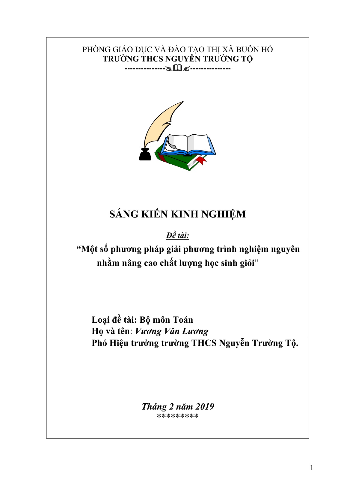 SKKN Một số phương pháp giải phương trình nghiệm nguyên nhằm nâng cao chất lượng học sinh giỏi trang 1