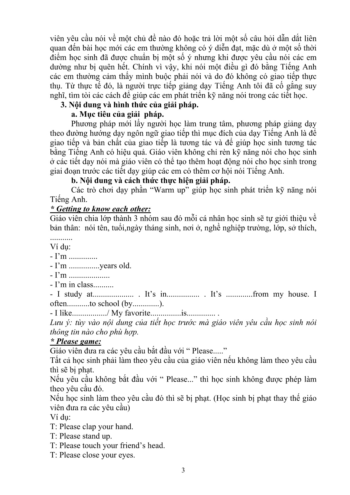 Sáng kiến kinh nghiệm Một số trò chơi dạy phần “Warm up” giúp phát triển kỹ năng nói cho học sinh THCS trang 3