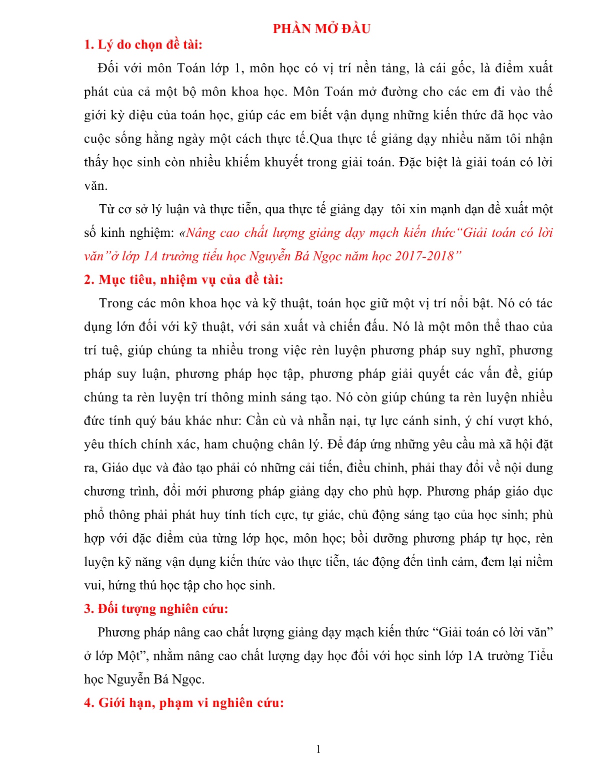 SKKN Nâng cao chất lượng giảng dạy mạch kiến thức“Giải toán có lời văn”ở lớp 1A trường tiểu học Nguyễn Bá Ngọc năm học 2017-2018 trang 1