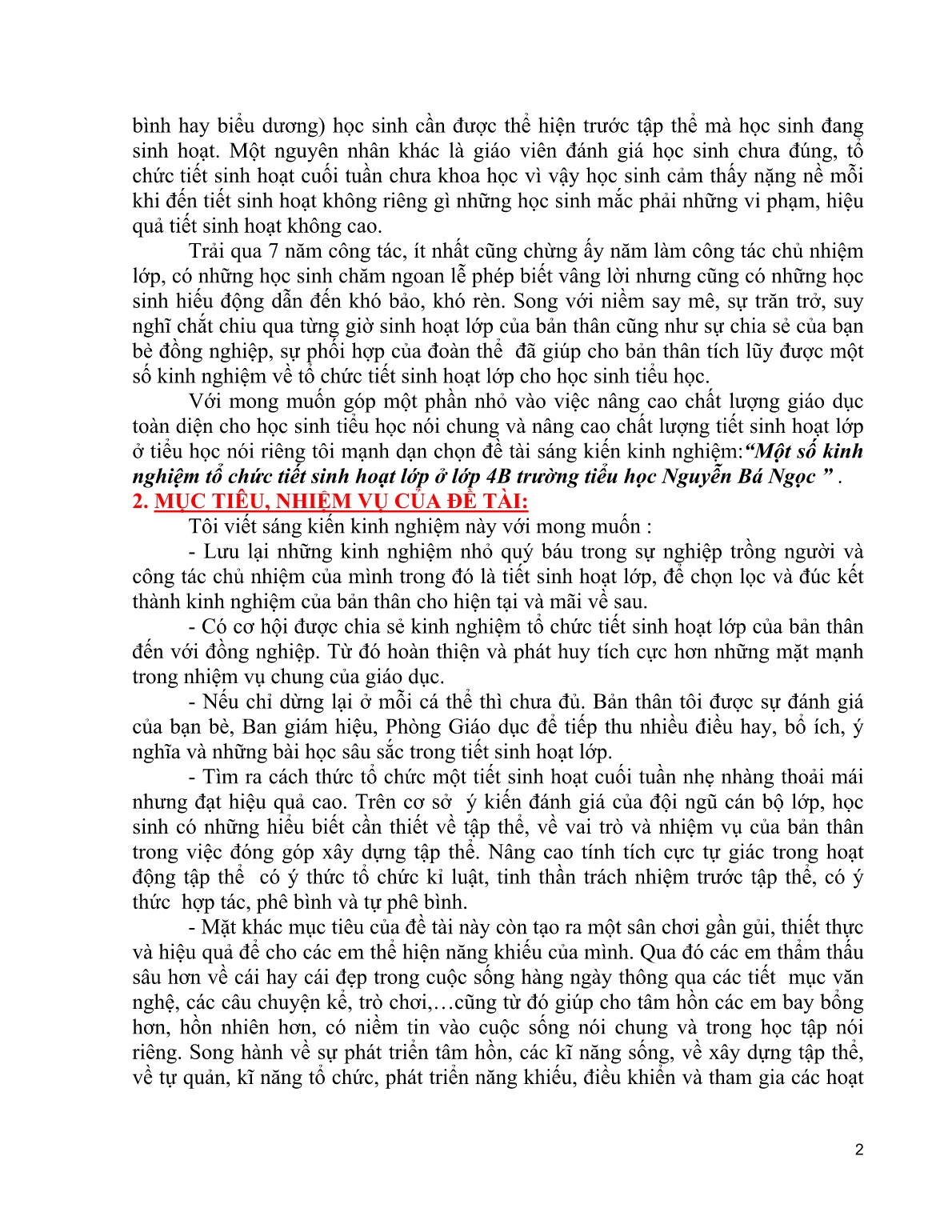 Sáng kiến kinh nghiệm Một số kinh nghiệm tổ chức tiết sinh hoạt lớp ở lớp 4B trường tiểu học Nguyễn Bá Ngọc trang 2