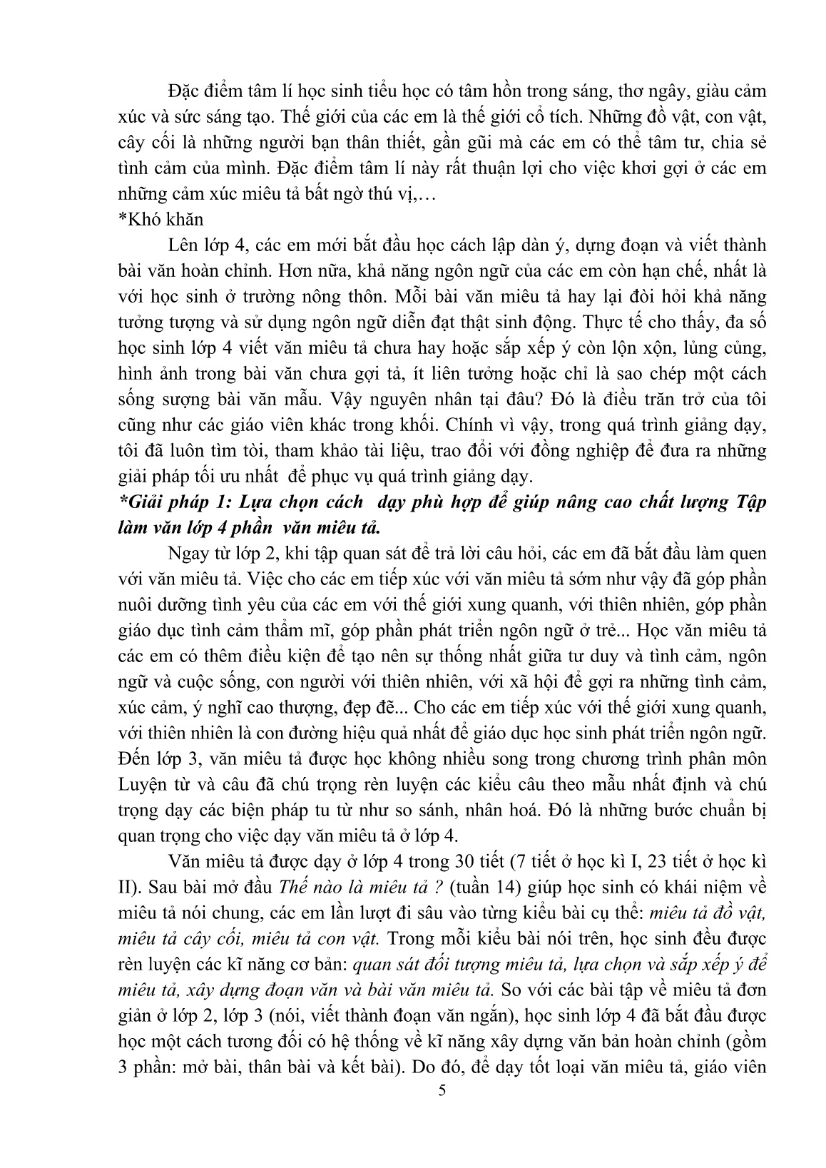 Sáng kiến kinh nghiệm Nâng cao chất lượng dạy văn miêu tả cho học sinh Lớp 4 ở trường Tiểu học Quang Trung trang 5