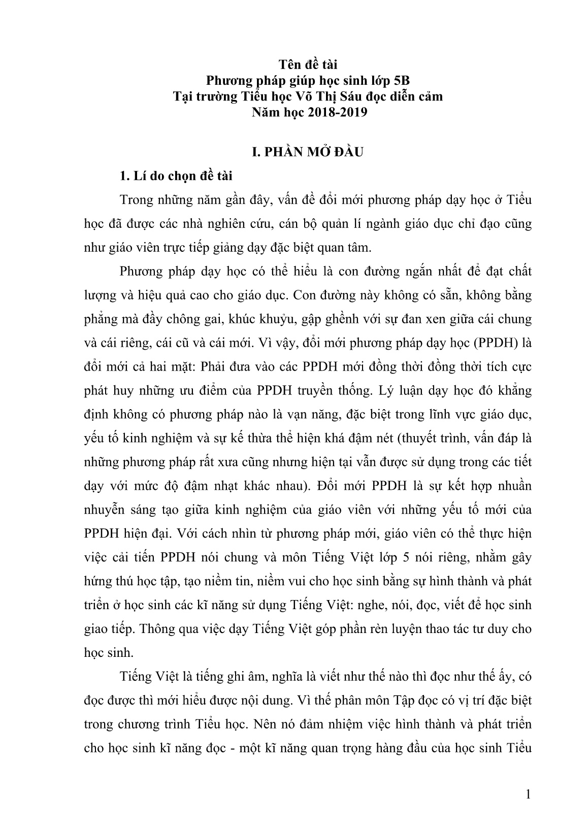 Sáng kiến kinh nghiệm Phương pháp giúp học sinh Lớp 5B trường Tiểu học Võ Thị Sáu đọc diễn cảm trang 1