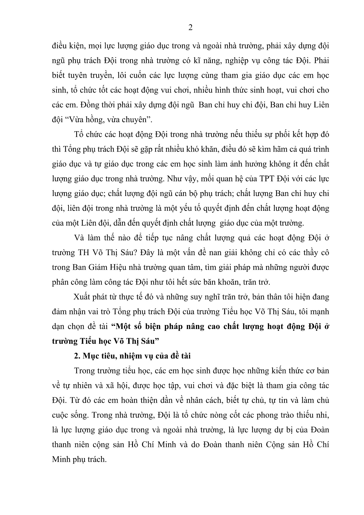 Sáng kiến kinh nghiệm Một số biện pháp nâng cao chất lượng hoạt động Đội ở trường Tiểu học Võ Thị Sáu trang 2