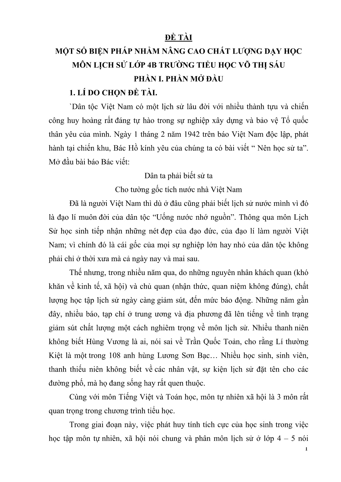 SKKN Một số biện pháp nhằm nâng cao chất lượng dạy học môn Lịch sử Lớp 4 ở trường Tiểu học Võ Thị Sáu trang 1