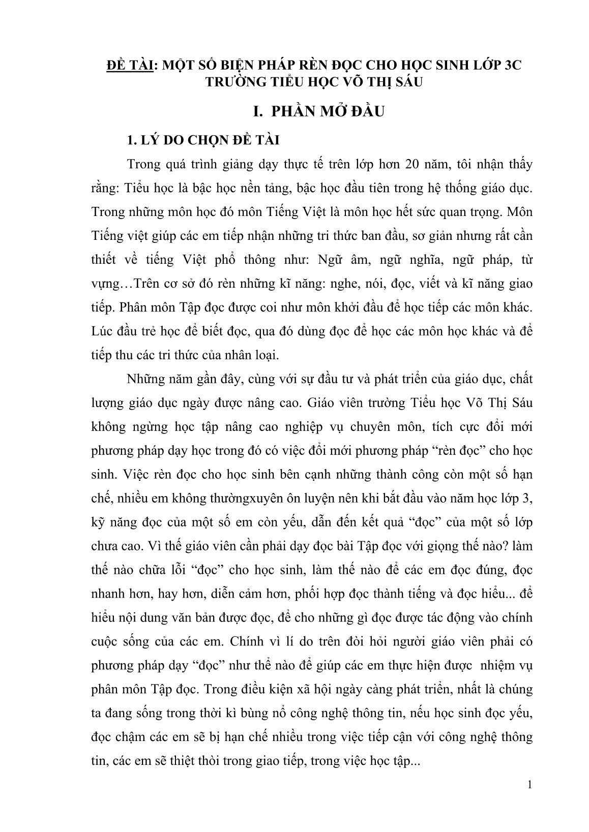 Sáng kiến kinh nghiệm Một số biện pháp rèn đọc cho học sinh Lớp 3C tại trường Tiểu học Võ Thị Sáu trang 1